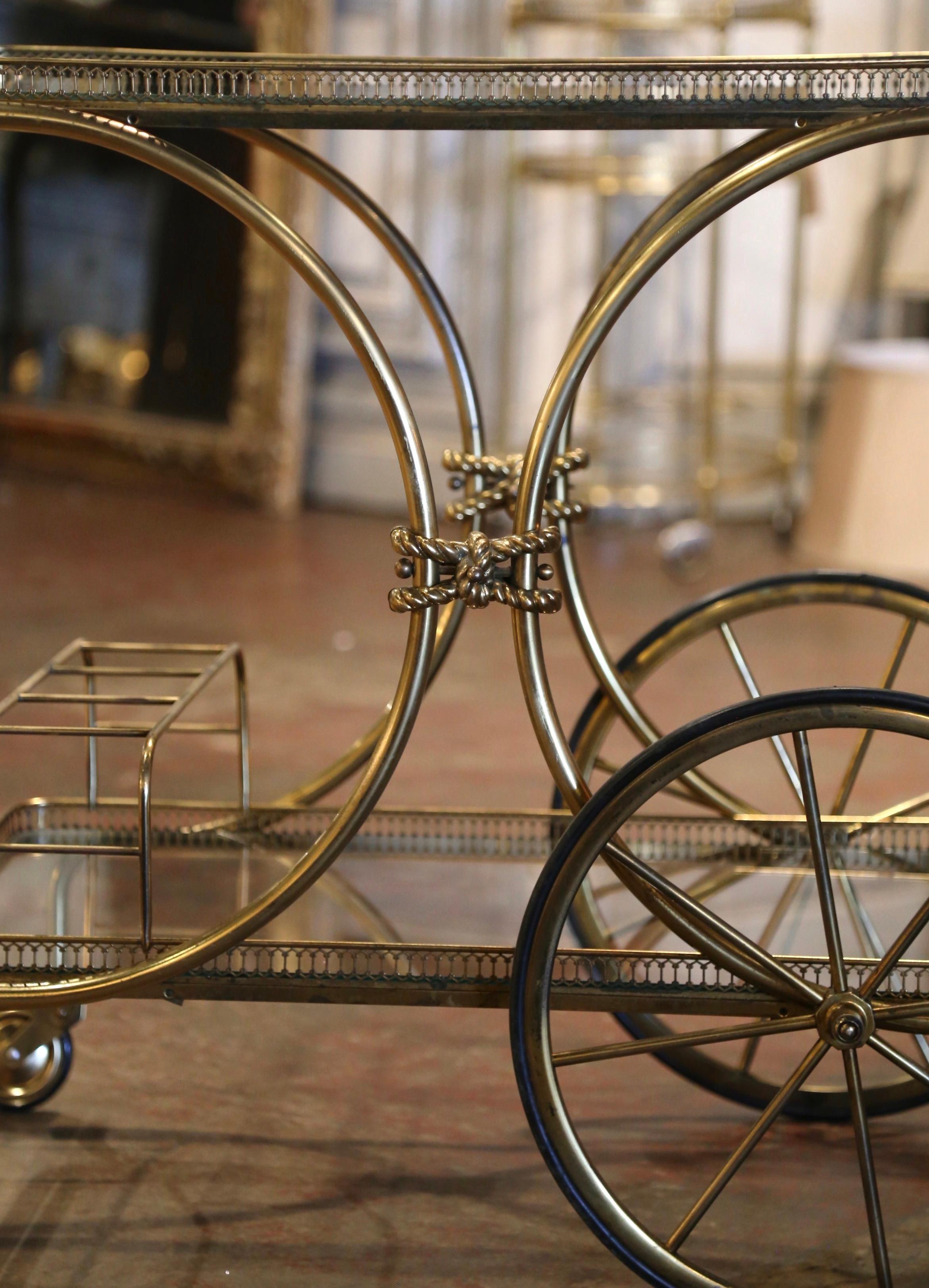 20th Century Mid-Century French Bagues Style Two-Tier Brass Bar Cart on Wheels