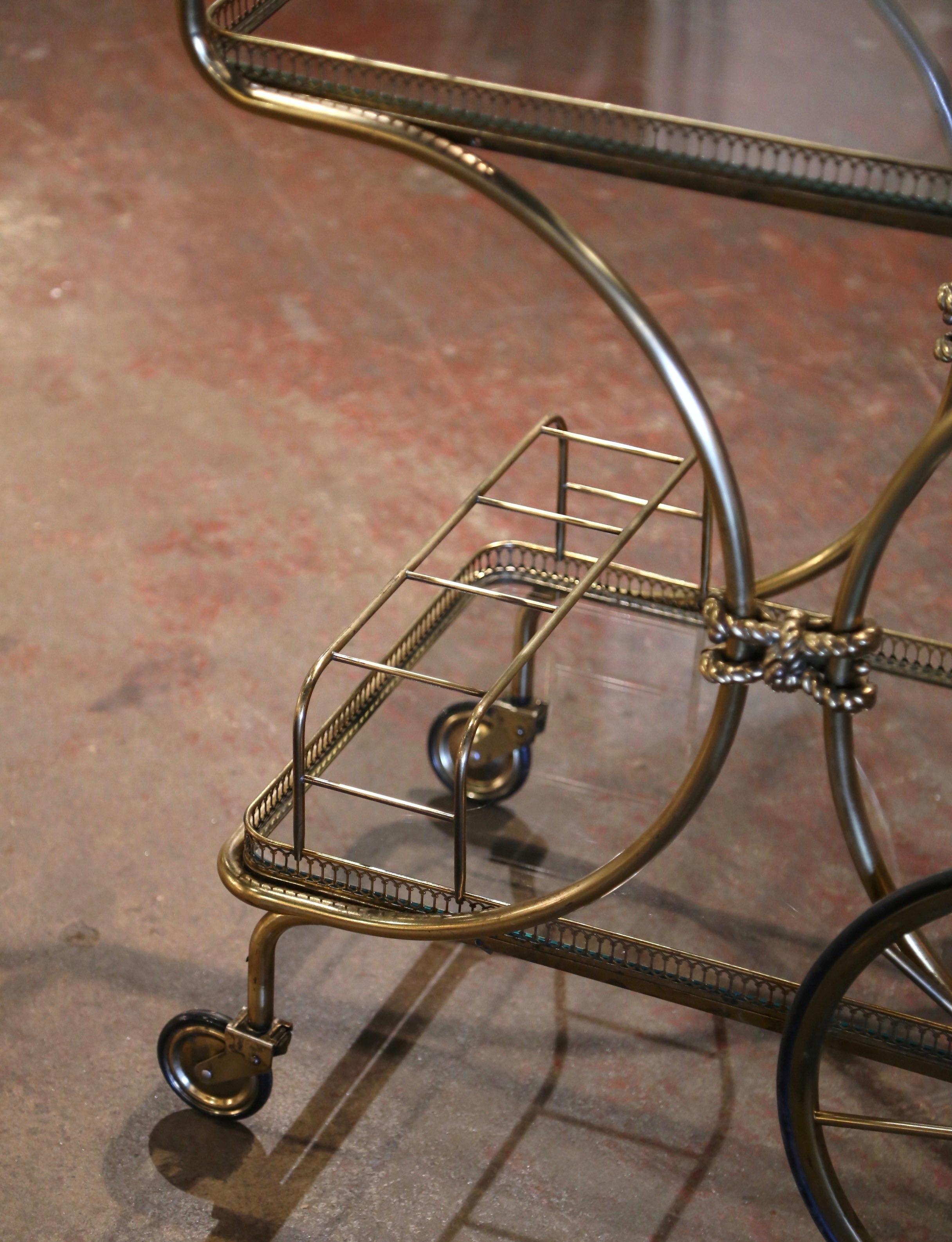Mid-Century French Bagues Style Two-Tier Brass Bar Cart on Wheels 1