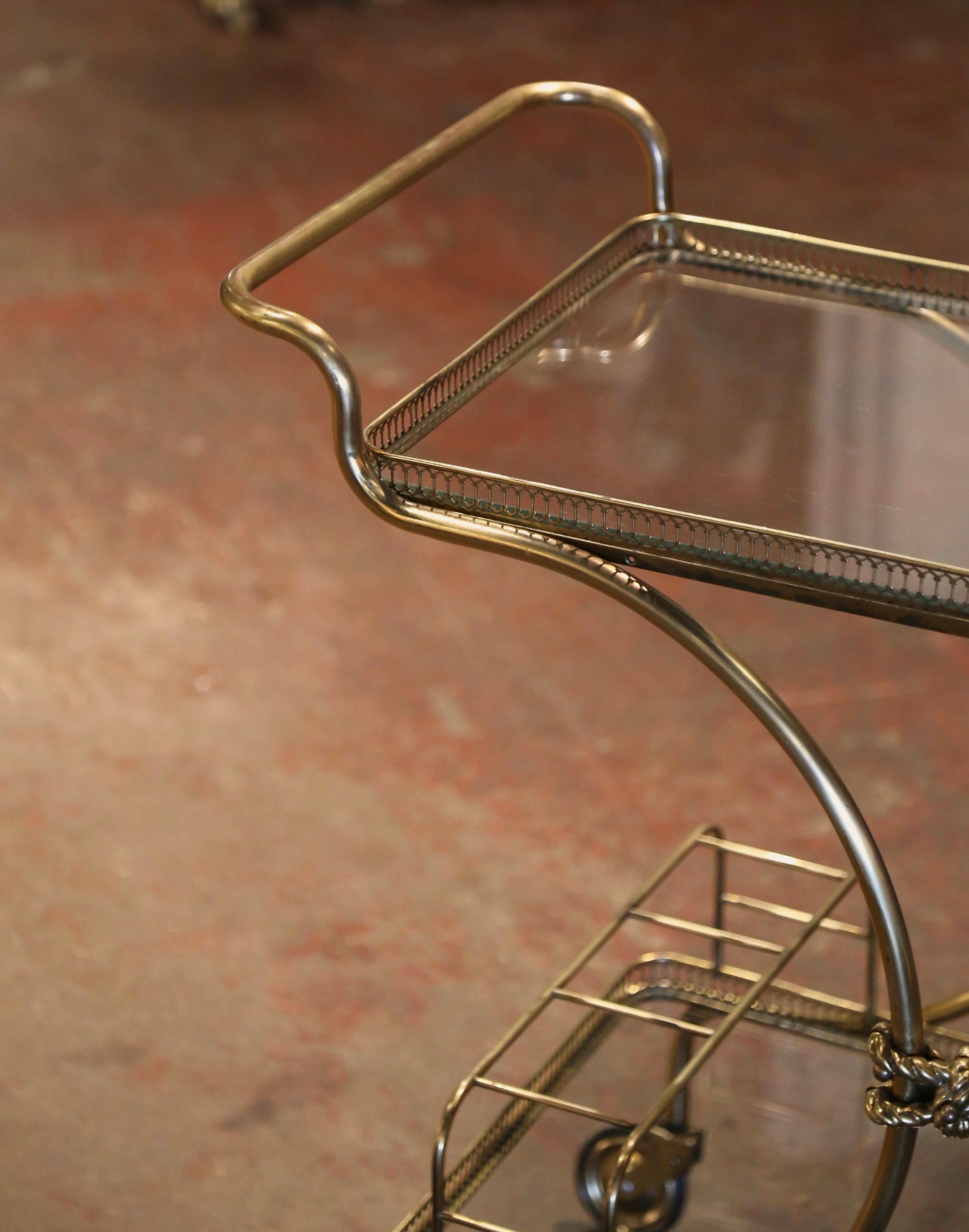 Mid-Century French Bagues Style Two-Tier Brass Bar Cart on Wheels 2