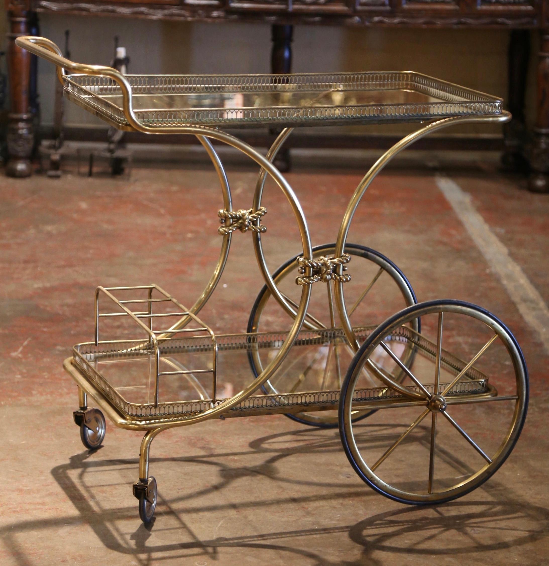 Mid-Century French Bagues Style Two-Tier Brass Bar Cart on Wheels 3