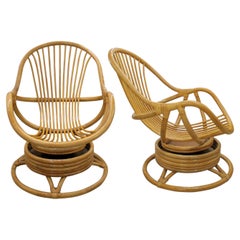 Mid-Century French Bamboo Lounge Chairs with Swivel Rocking Bases