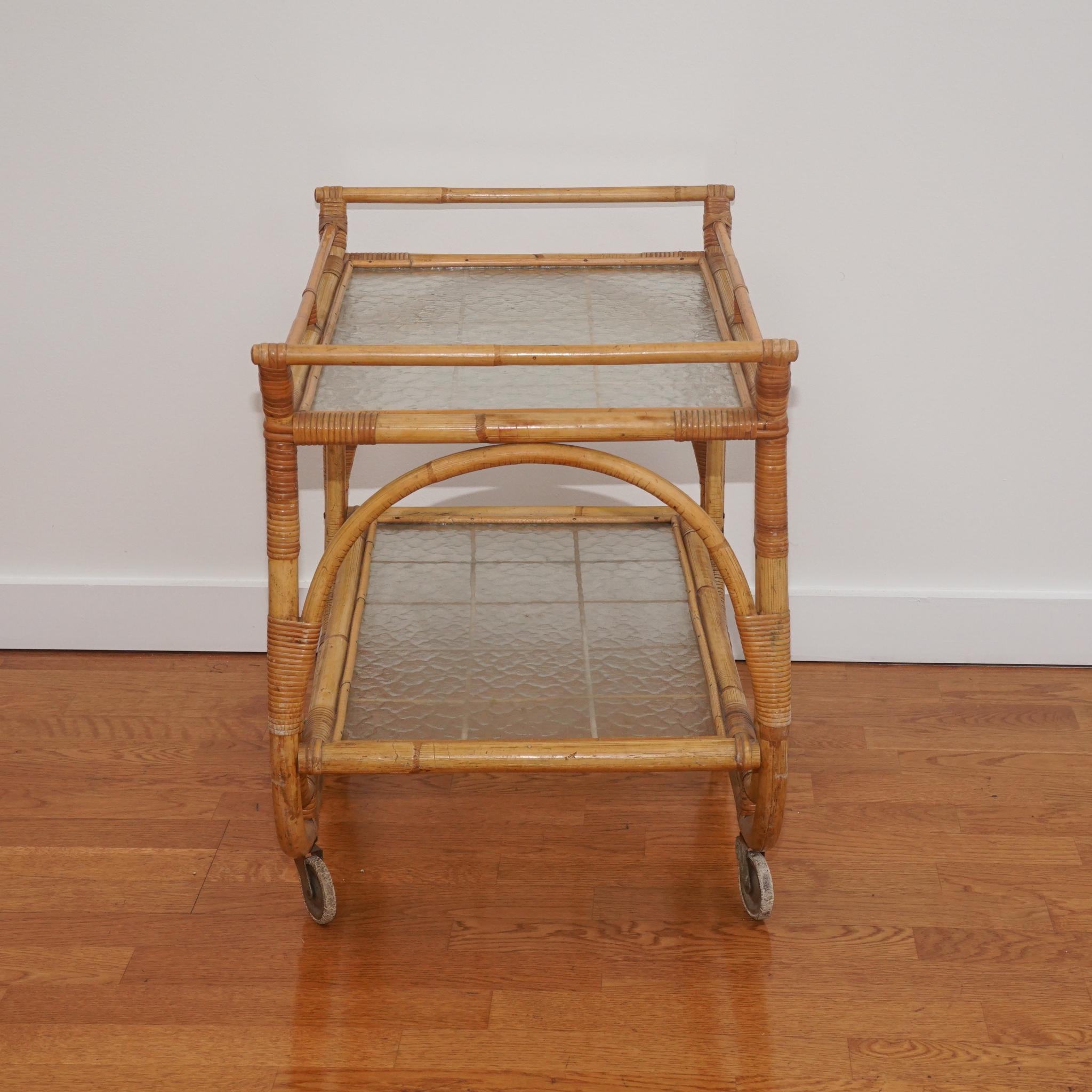 Mid Century French Bamboo Rattan Bar Cart on Casters For Sale 4