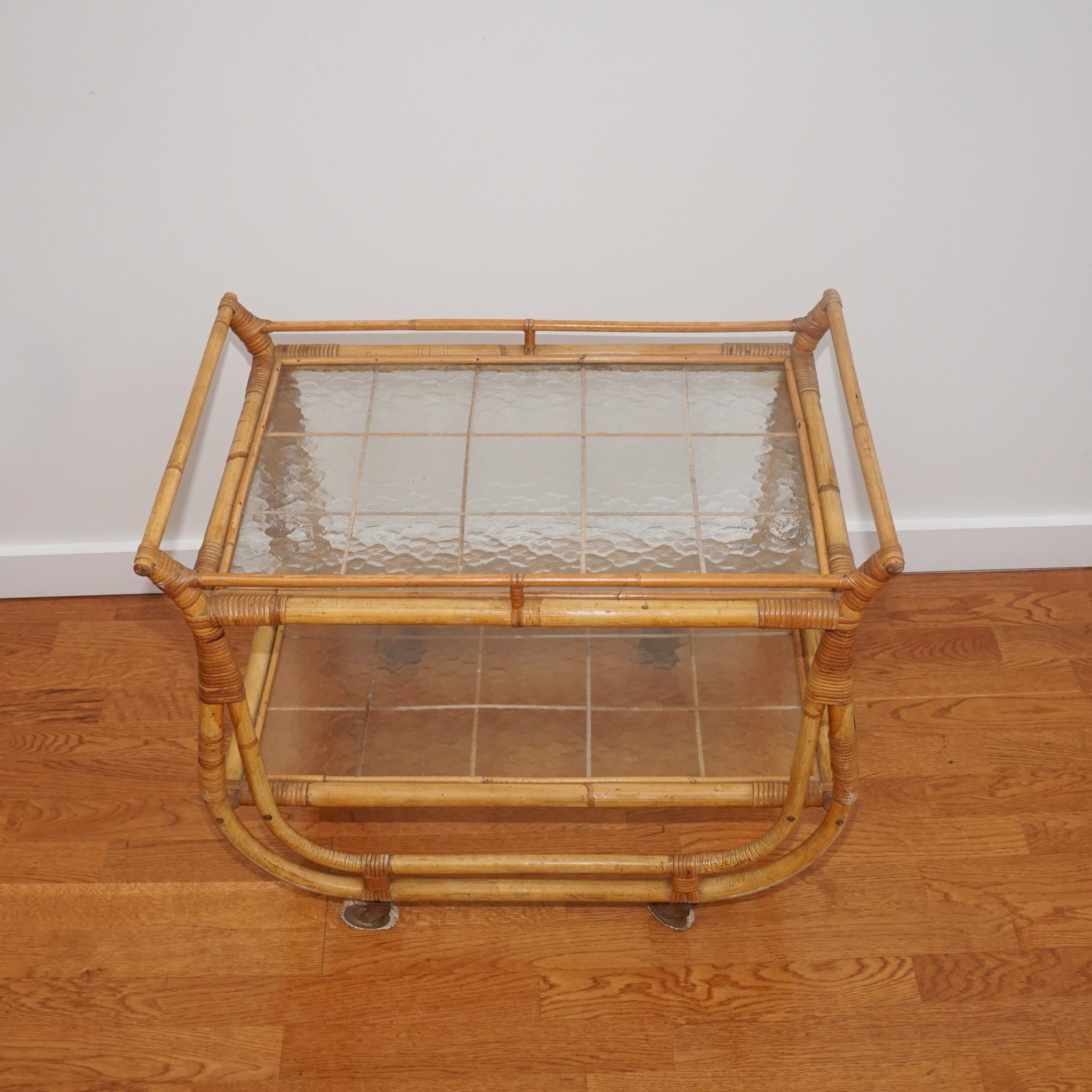 Mid-Century Modern Mid Century French Bamboo Rattan Bar Cart on Casters For Sale