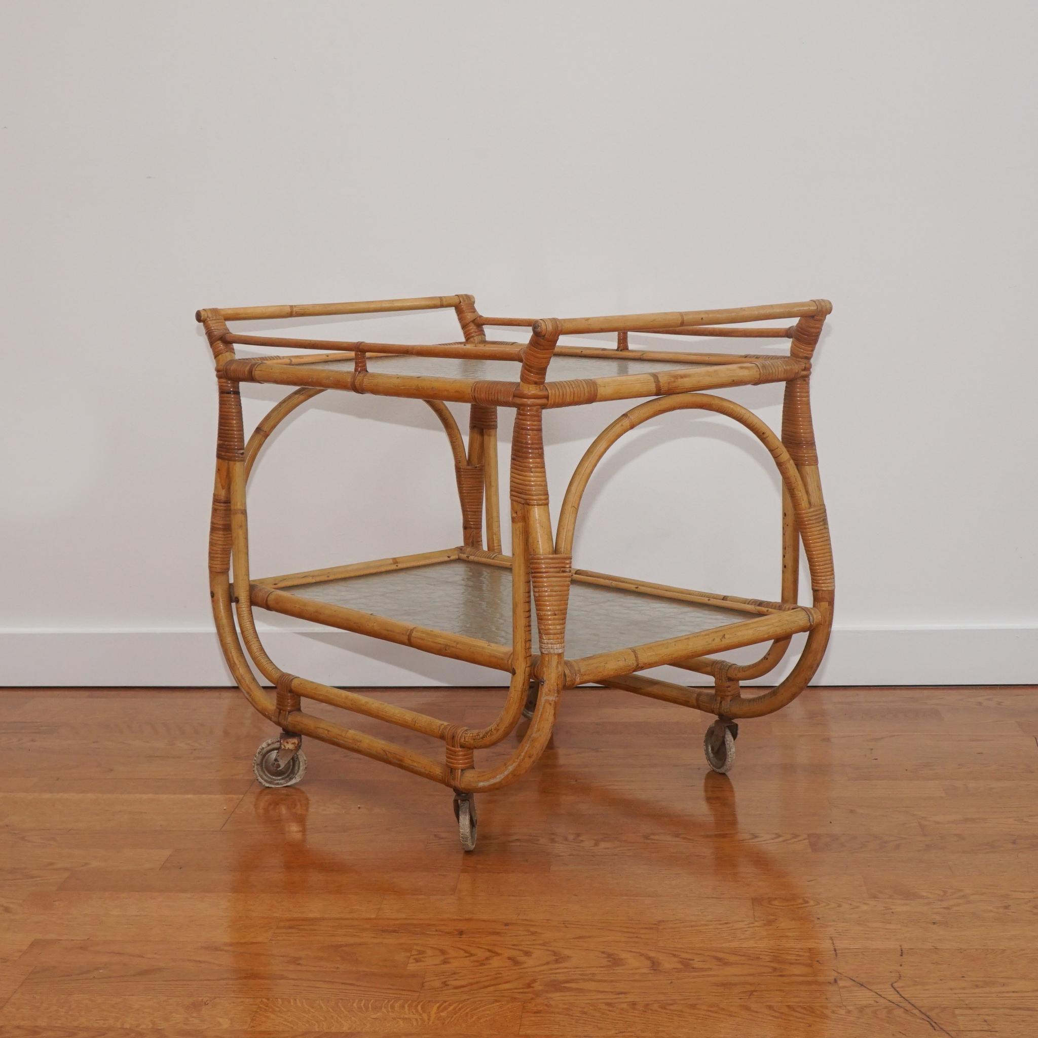 Hand-Crafted Mid Century French Bamboo Rattan Bar Cart on Casters For Sale