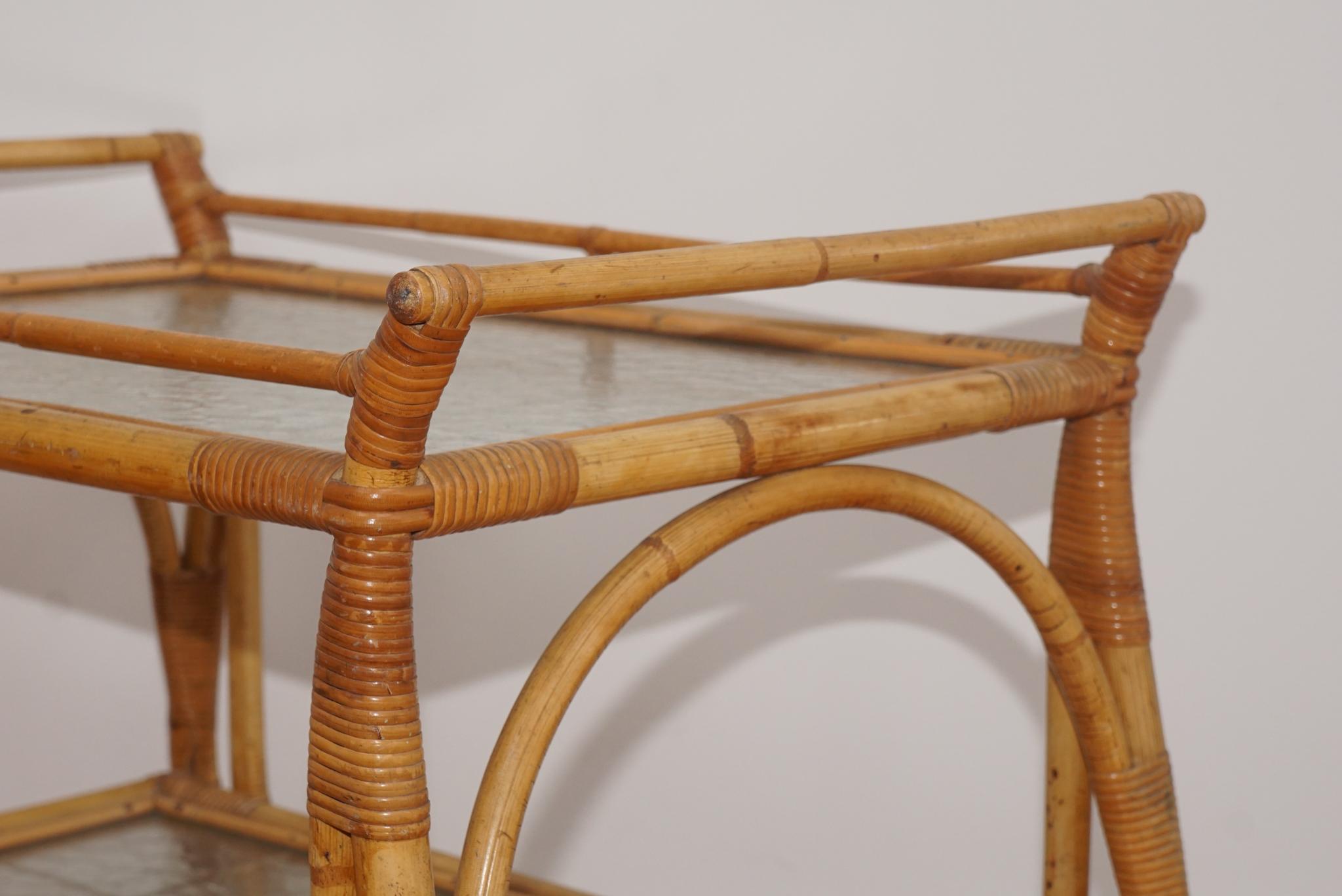 Mid Century French Bamboo Rattan Bar Cart on Casters In Good Condition For Sale In Hudson, NY
