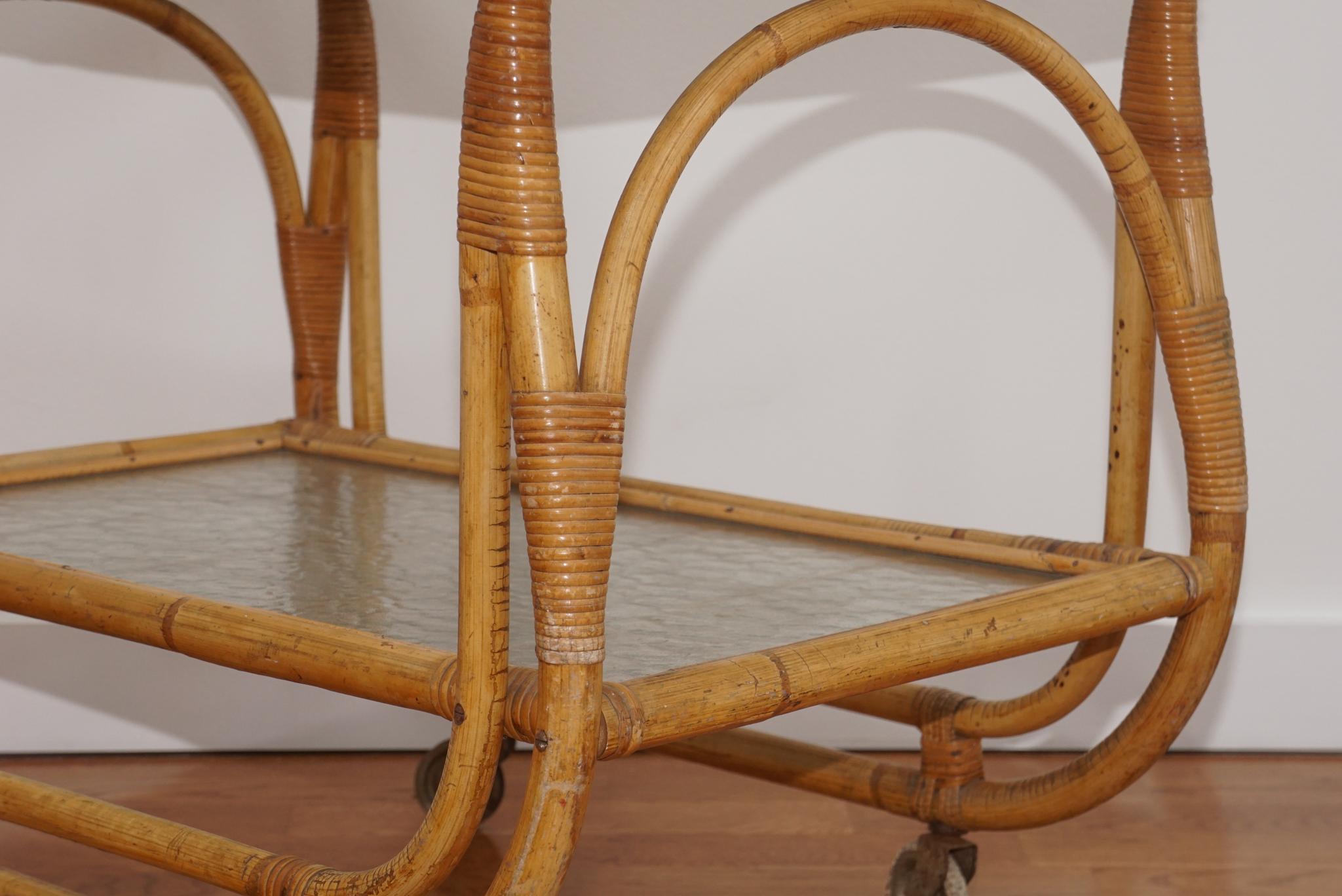 20th Century Mid Century French Bamboo Rattan Bar Cart on Casters For Sale