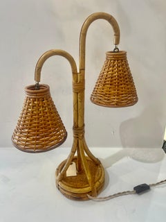 Mid-Century French Bamboo & Rattan Double Light Table Lamp