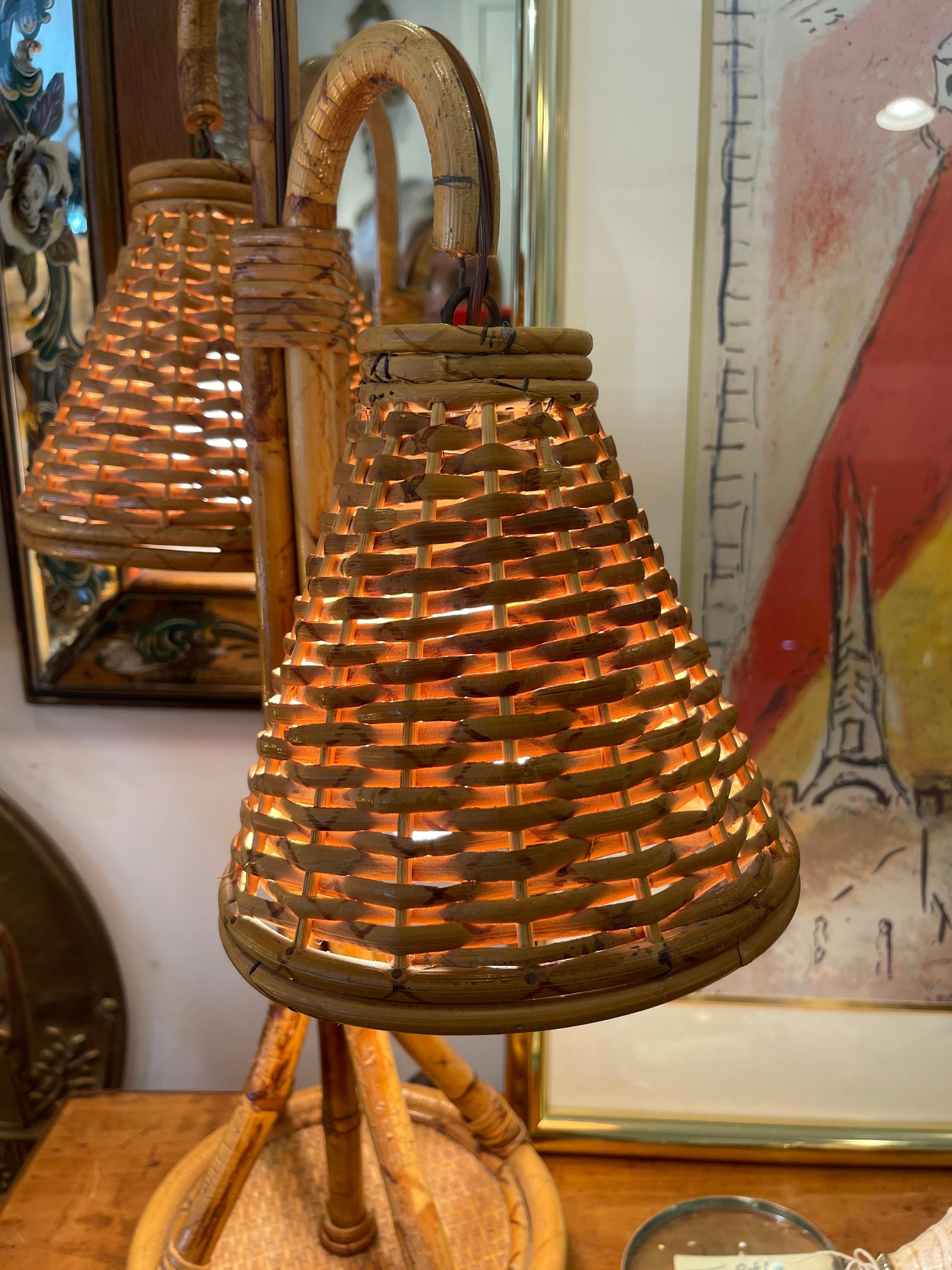 Mid-Century Modern Mid-Century French Bamboo & Rattan Double Light Table Lamp For Sale