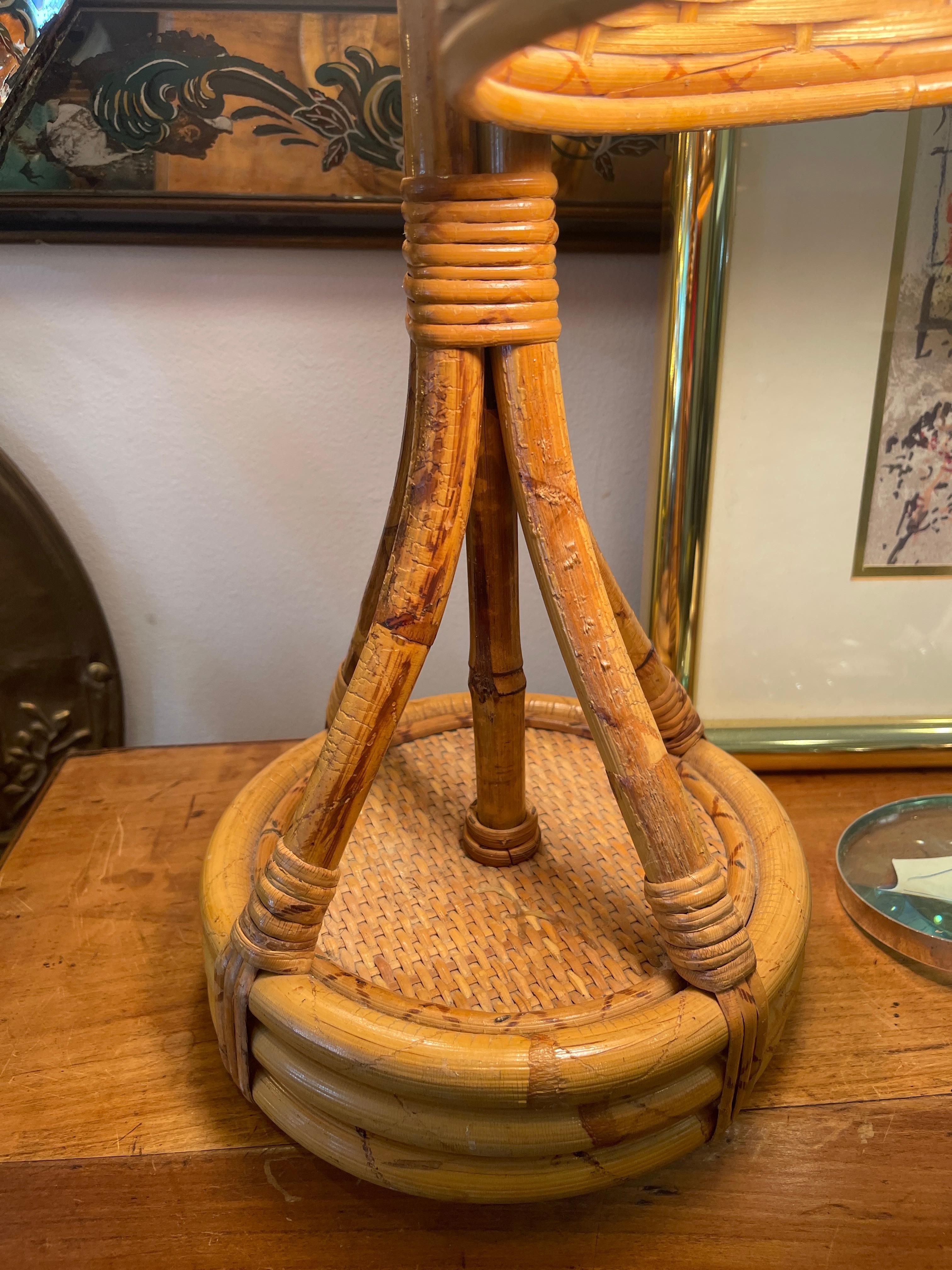 20th Century Mid-Century French Bamboo & Rattan Double Light Table Lamp