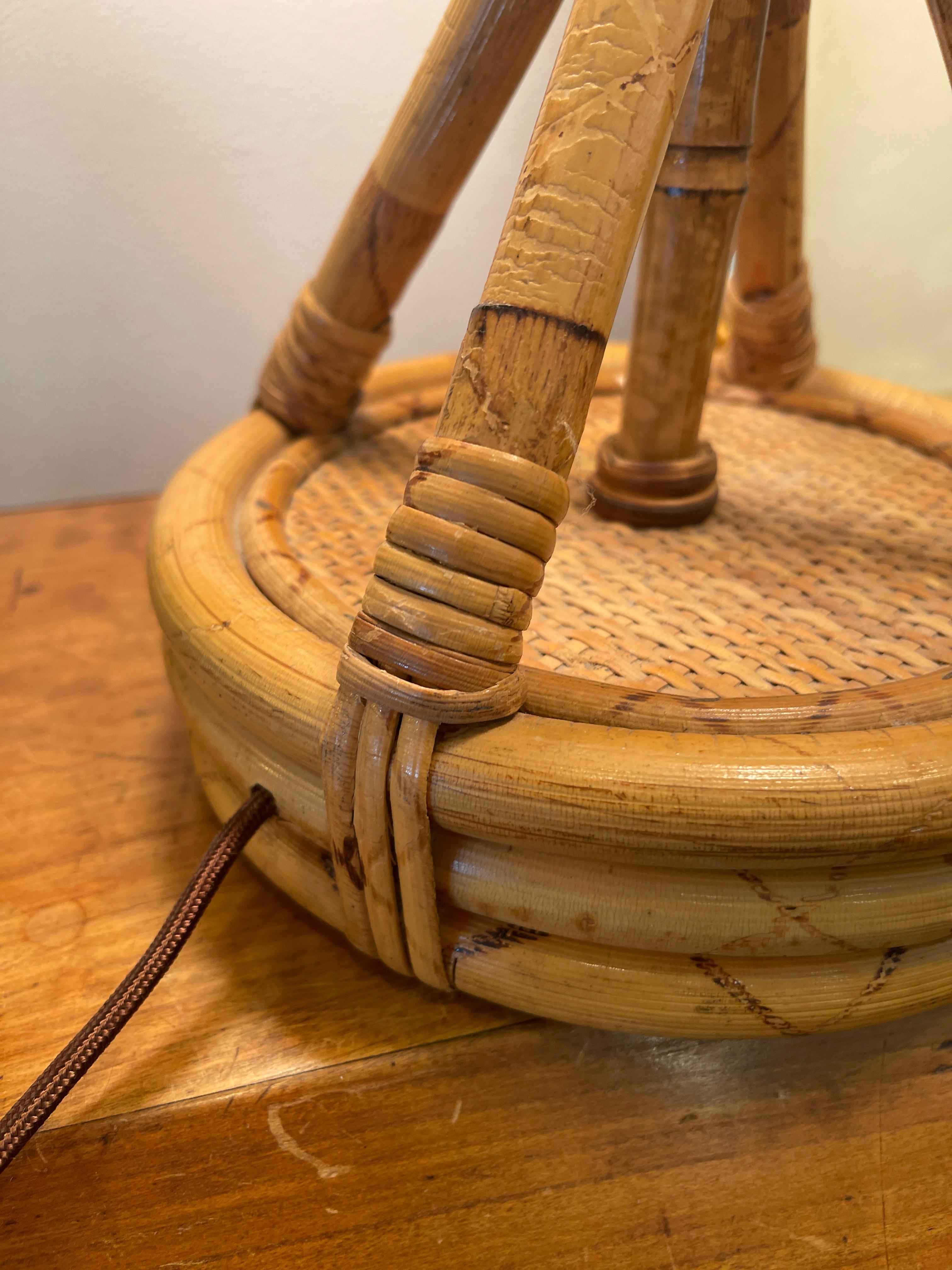 Mid-Century French Bamboo & Rattan Double Light Table Lamp 1