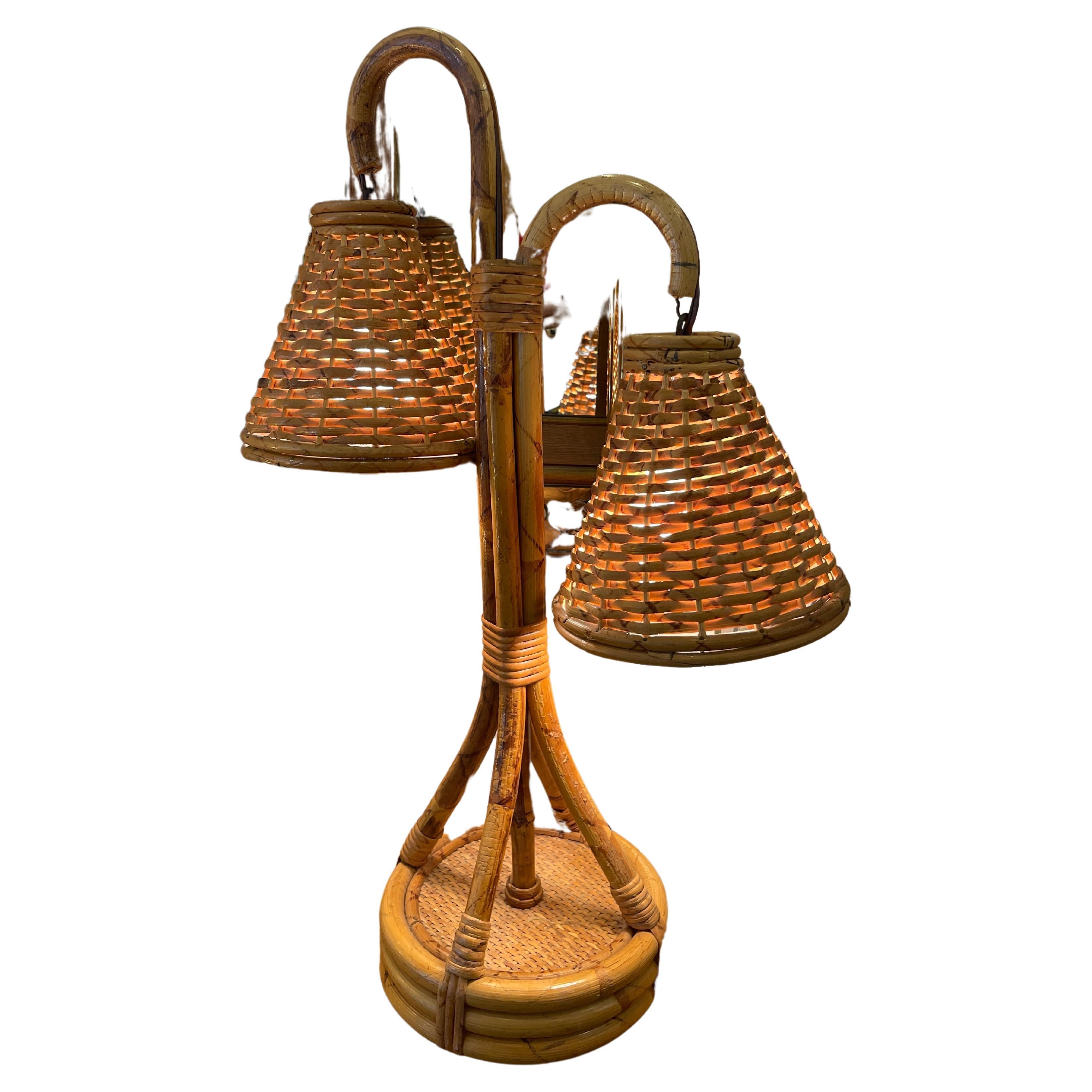 Mid-Century French Bamboo & Rattan Double Light Table Lamp For Sale