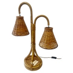 Mid-Century French Bamboo & Rattan Double Light Table Lamp