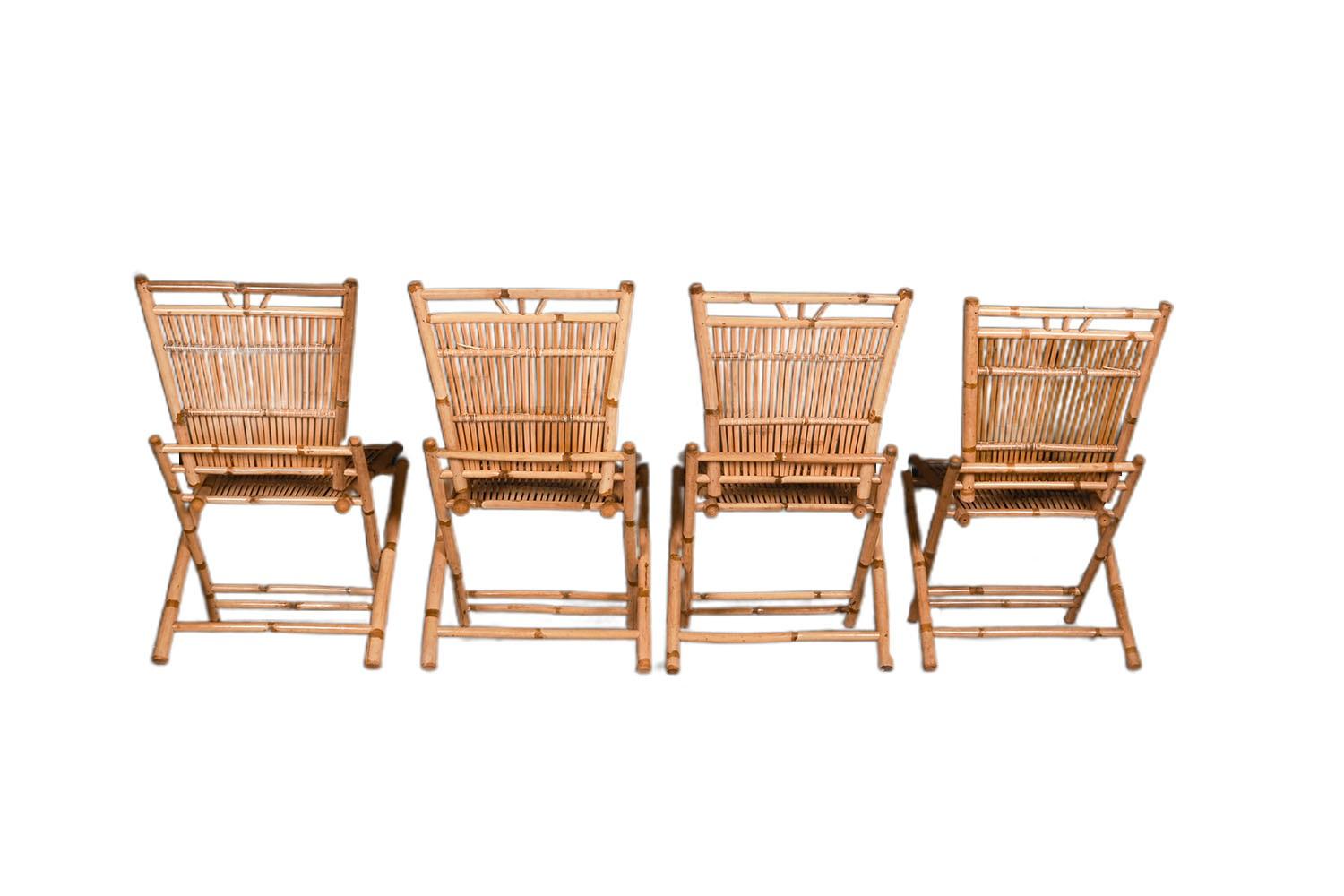 Mid-Century French Bamboo Rattan Folding Side Chairs Four  In Good Condition For Sale In Baltimore, MD