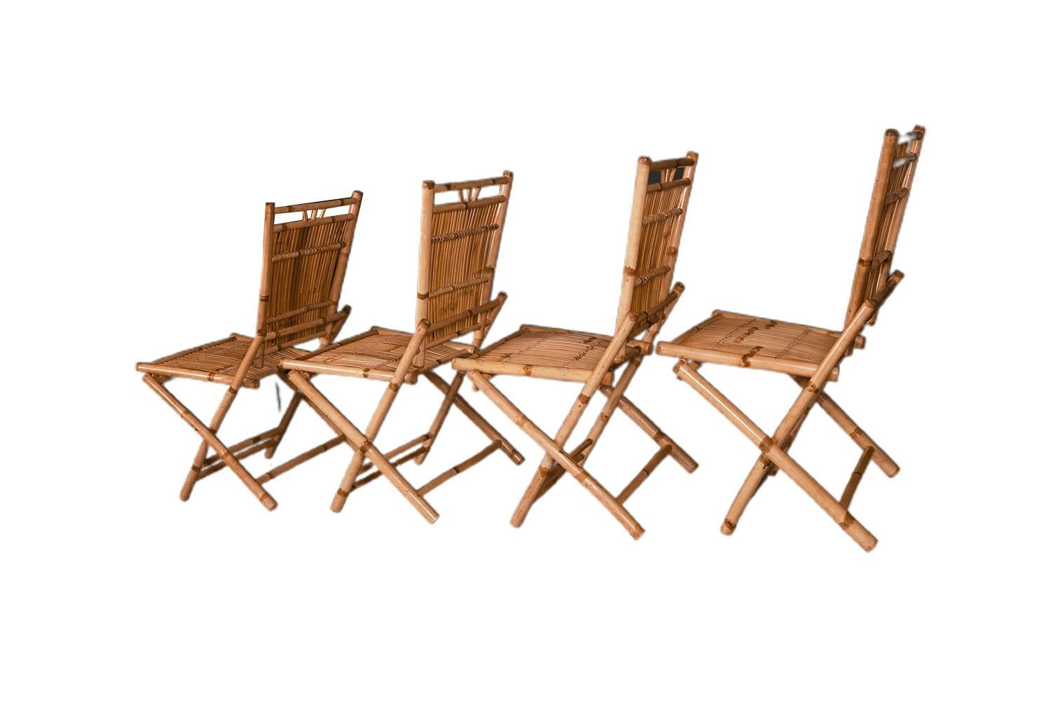 20th Century Mid-Century French Bamboo Rattan Folding Side Chairs Four  For Sale