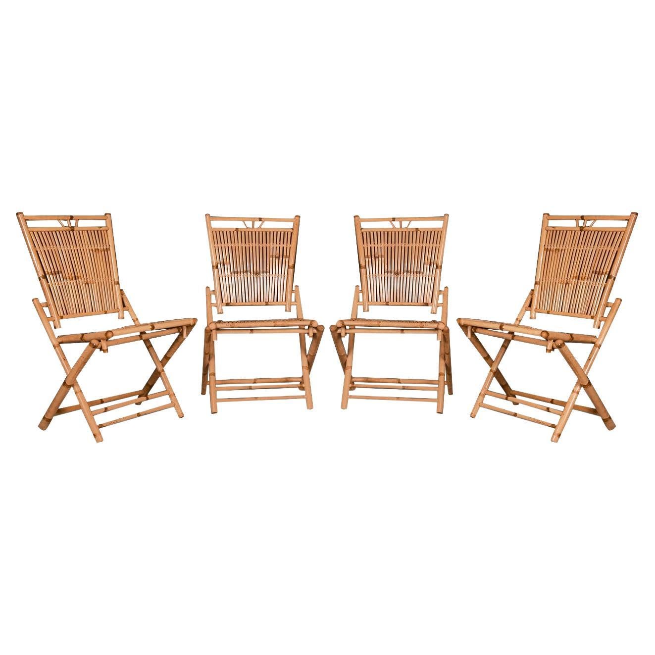 Mid-Century French Bamboo Rattan Folding Side Chairs Four 