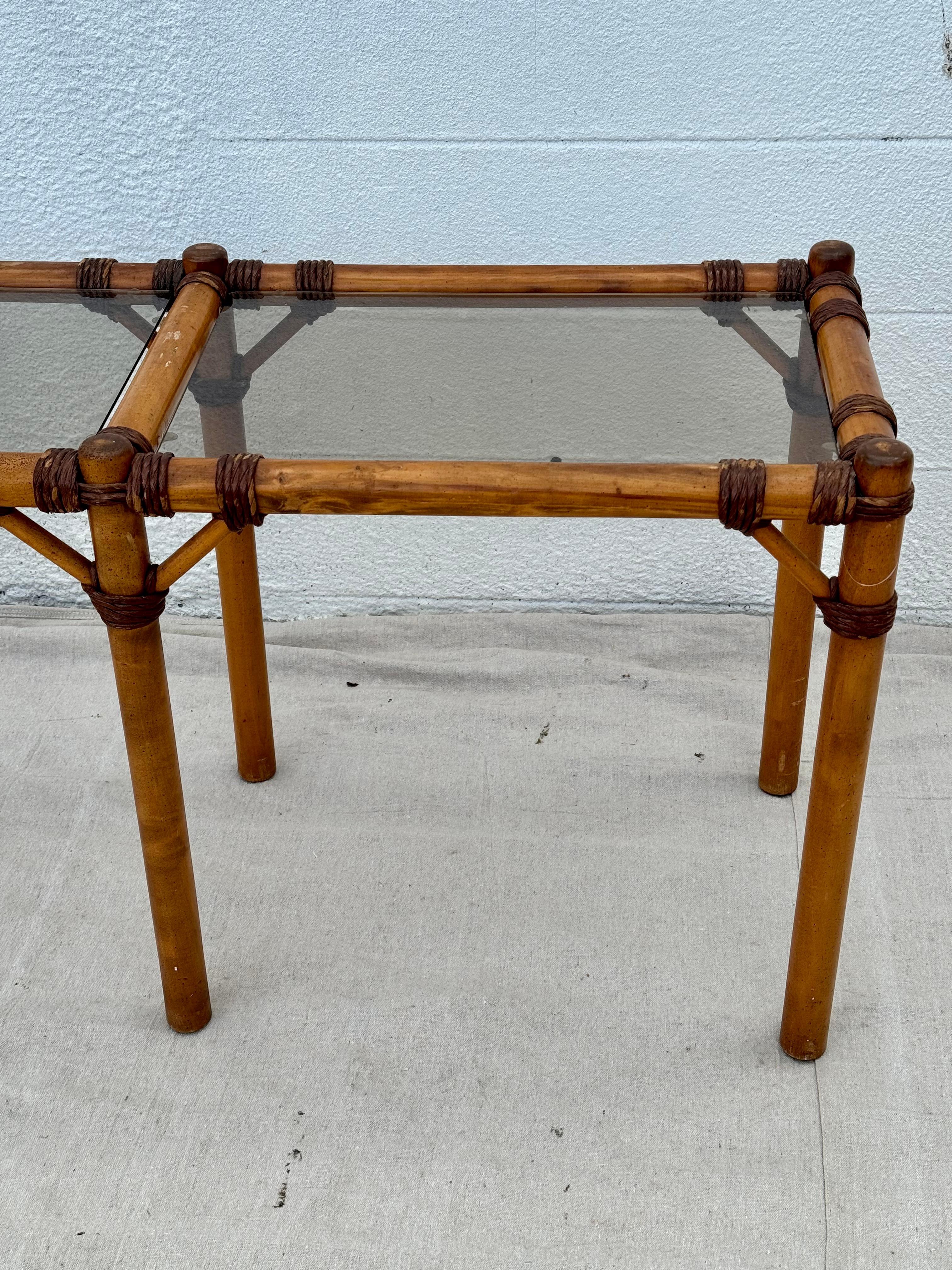 Mid-Century Modern Mid-Century French Bamboo Rattan Glass Top Console Table For Sale