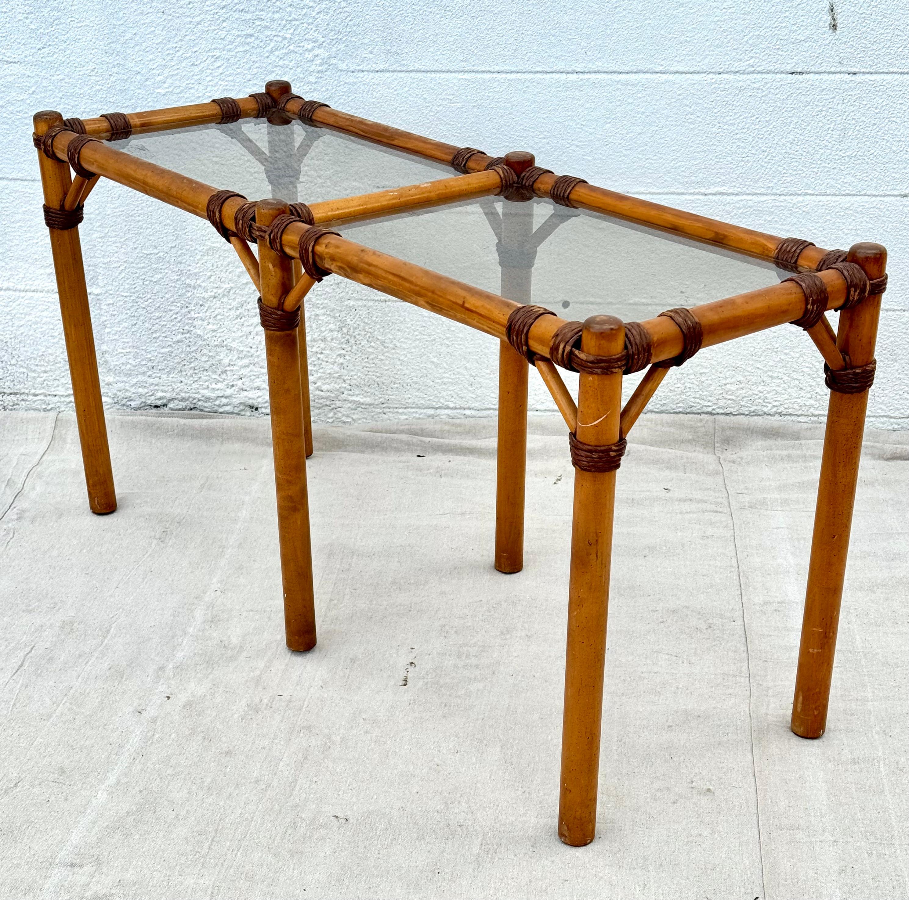 Mid-Century French Bamboo Rattan Glass Top Console Table In Good Condition For Sale In Bradenton, FL