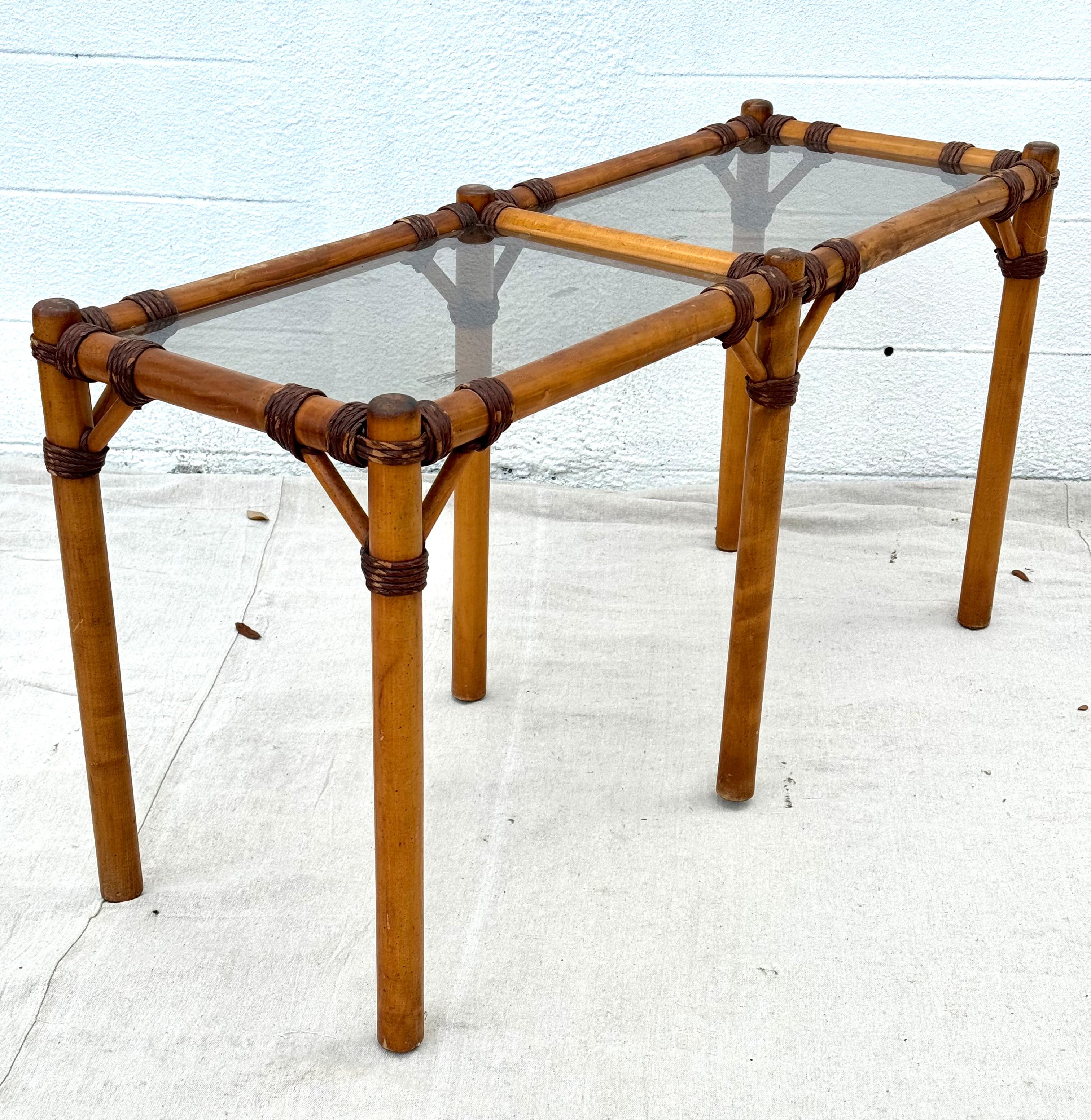 20th Century Mid-Century French Bamboo Rattan Glass Top Console Table For Sale