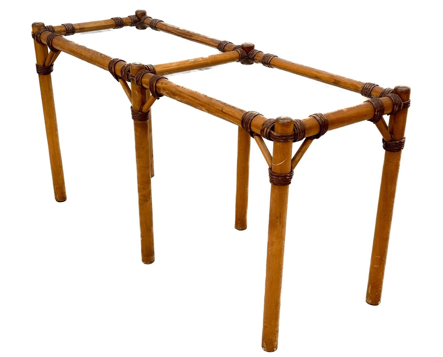 Mid-Century French Bamboo Rattan Glass Top Console Table For Sale 2