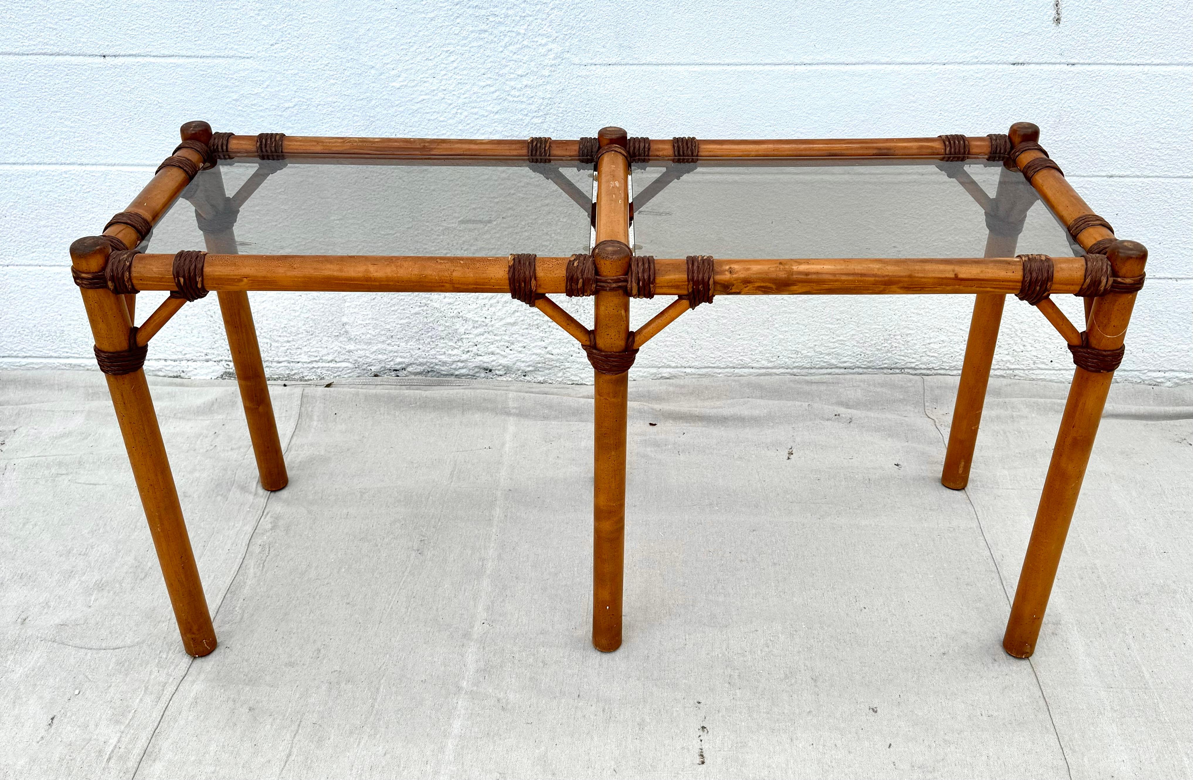 Mid-Century French Bamboo Rattan Glass Top Console Table For Sale 4