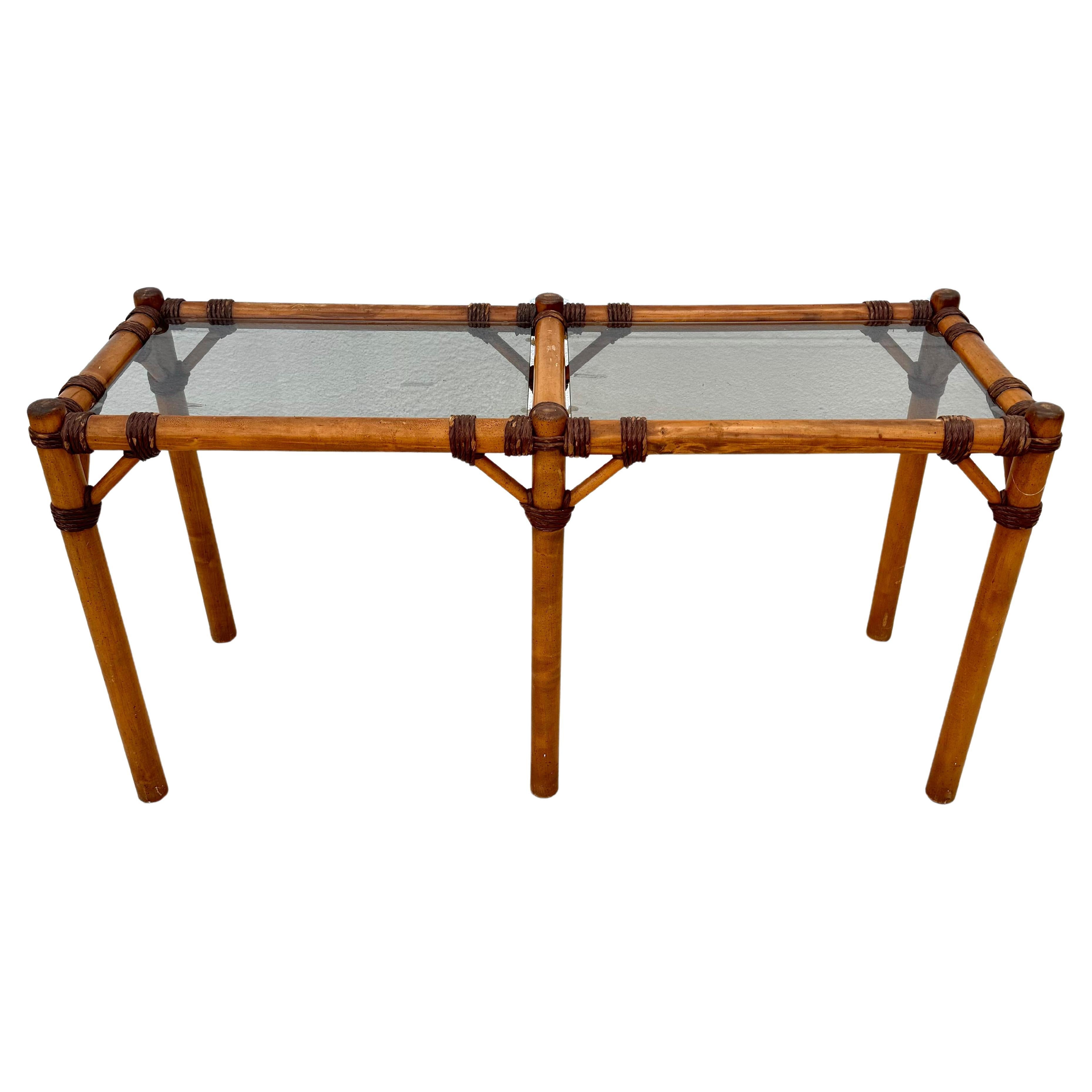 Mid-Century French Bamboo Rattan Glass Top Console Table For Sale