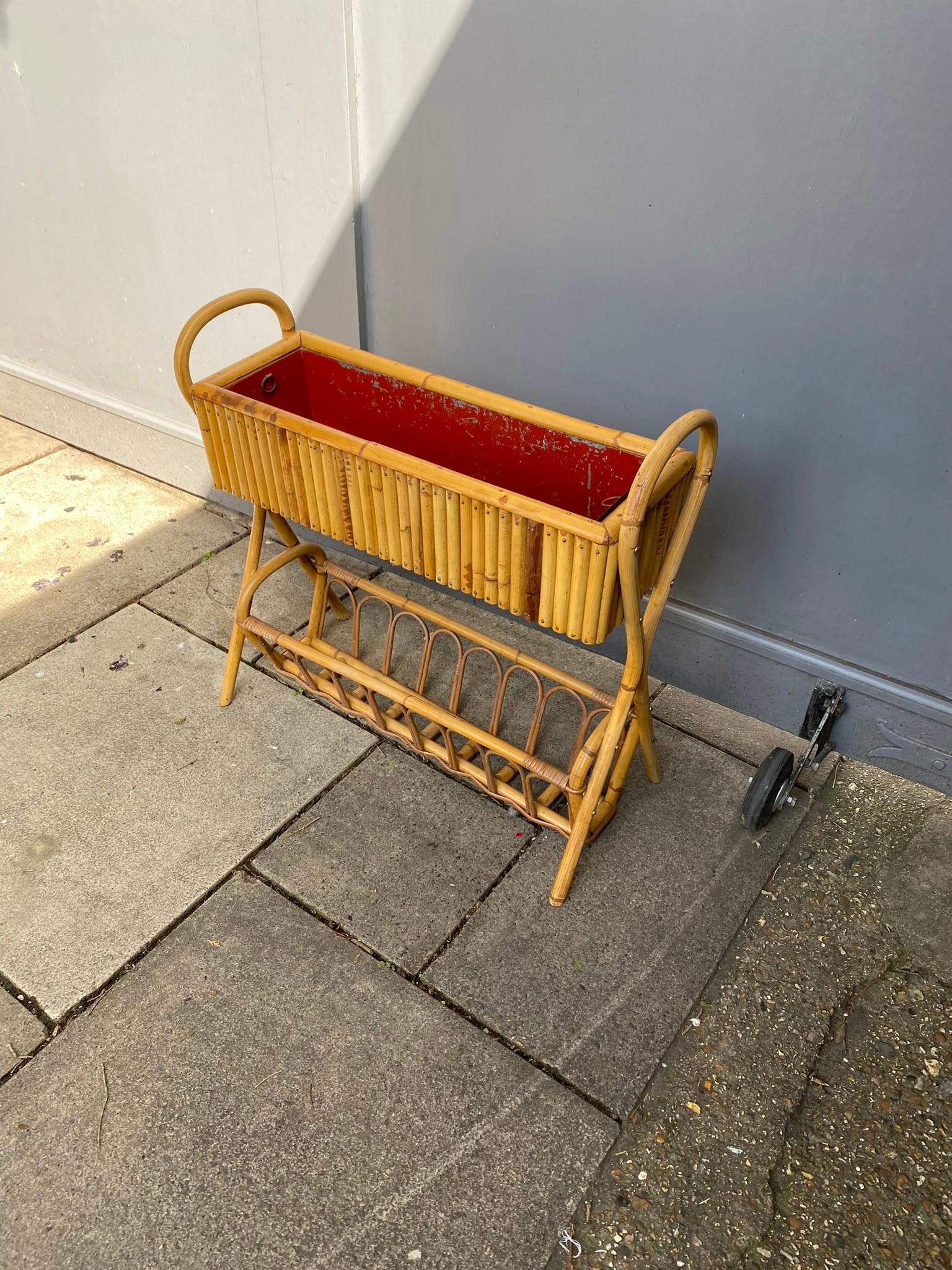 Mid-Century Modern Mid Century French Bamboo Rattan Jardinière Planter, 1950s For Sale