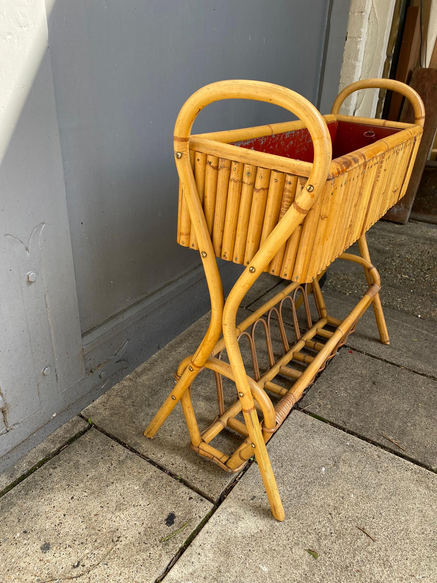 20th Century Mid Century French Bamboo Rattan Jardinière Planter, 1950s For Sale