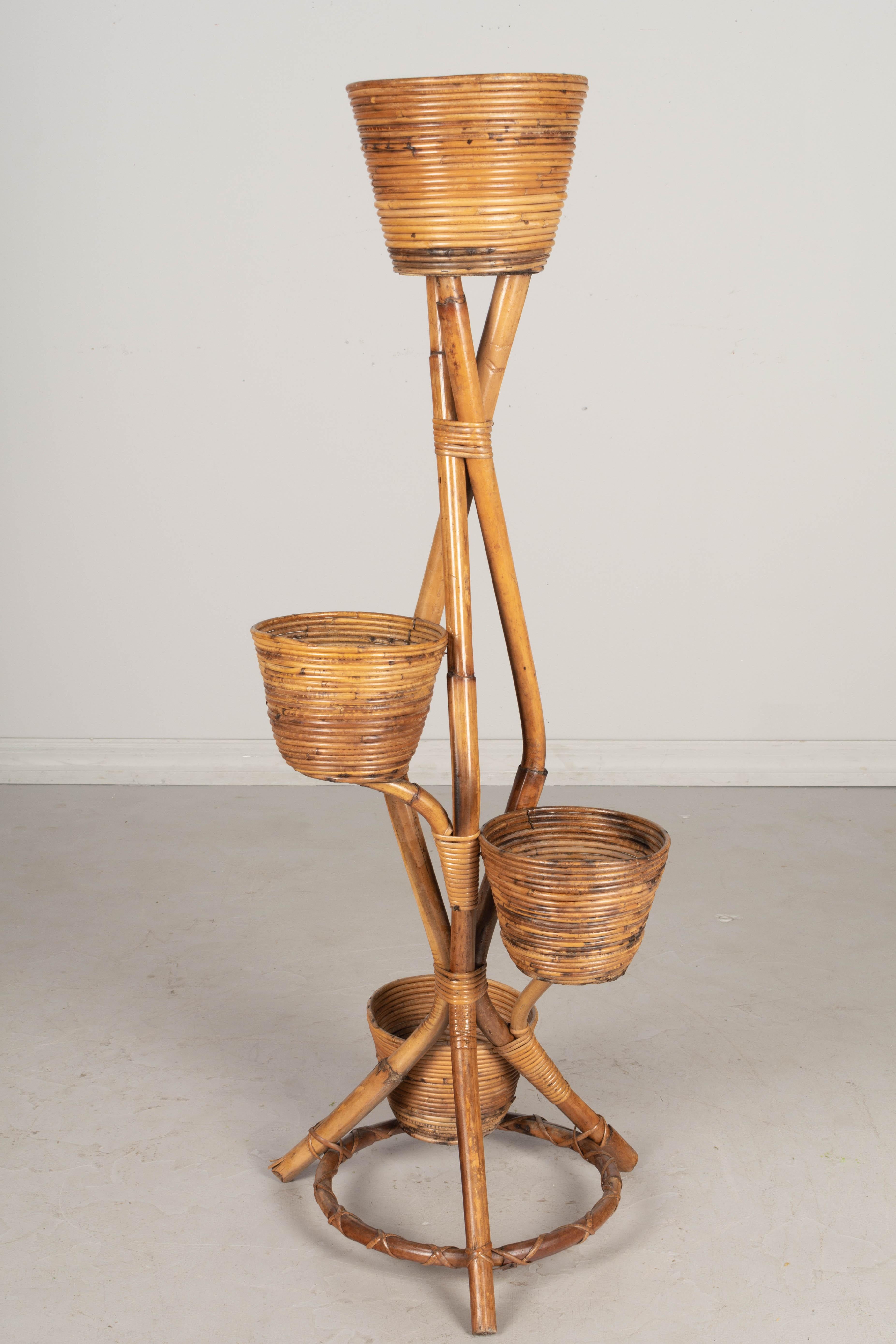 20th Century Mid Century French Bamboo & Rattan Plant Stand