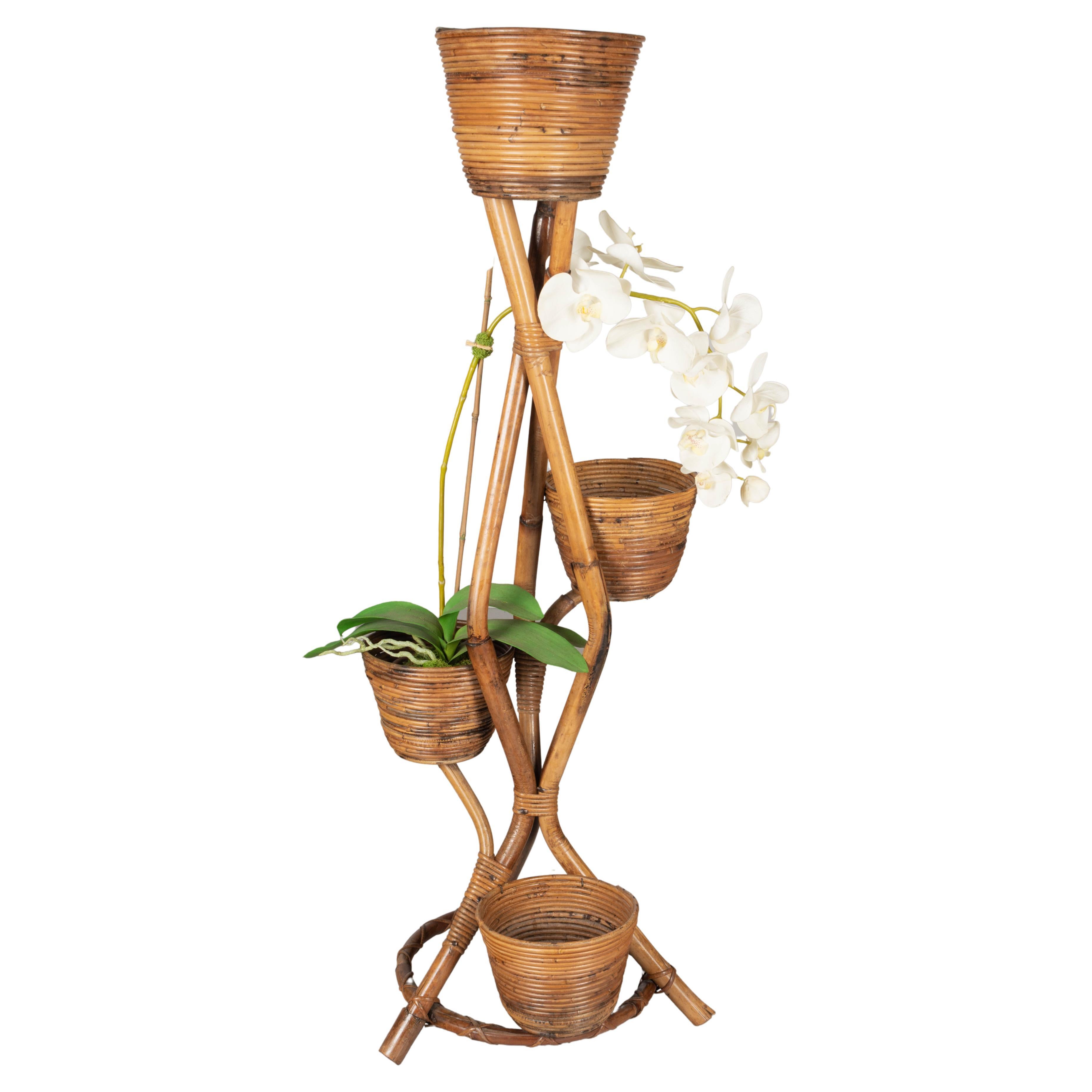 Mid Century French Bamboo 
Rattan Plant Stand