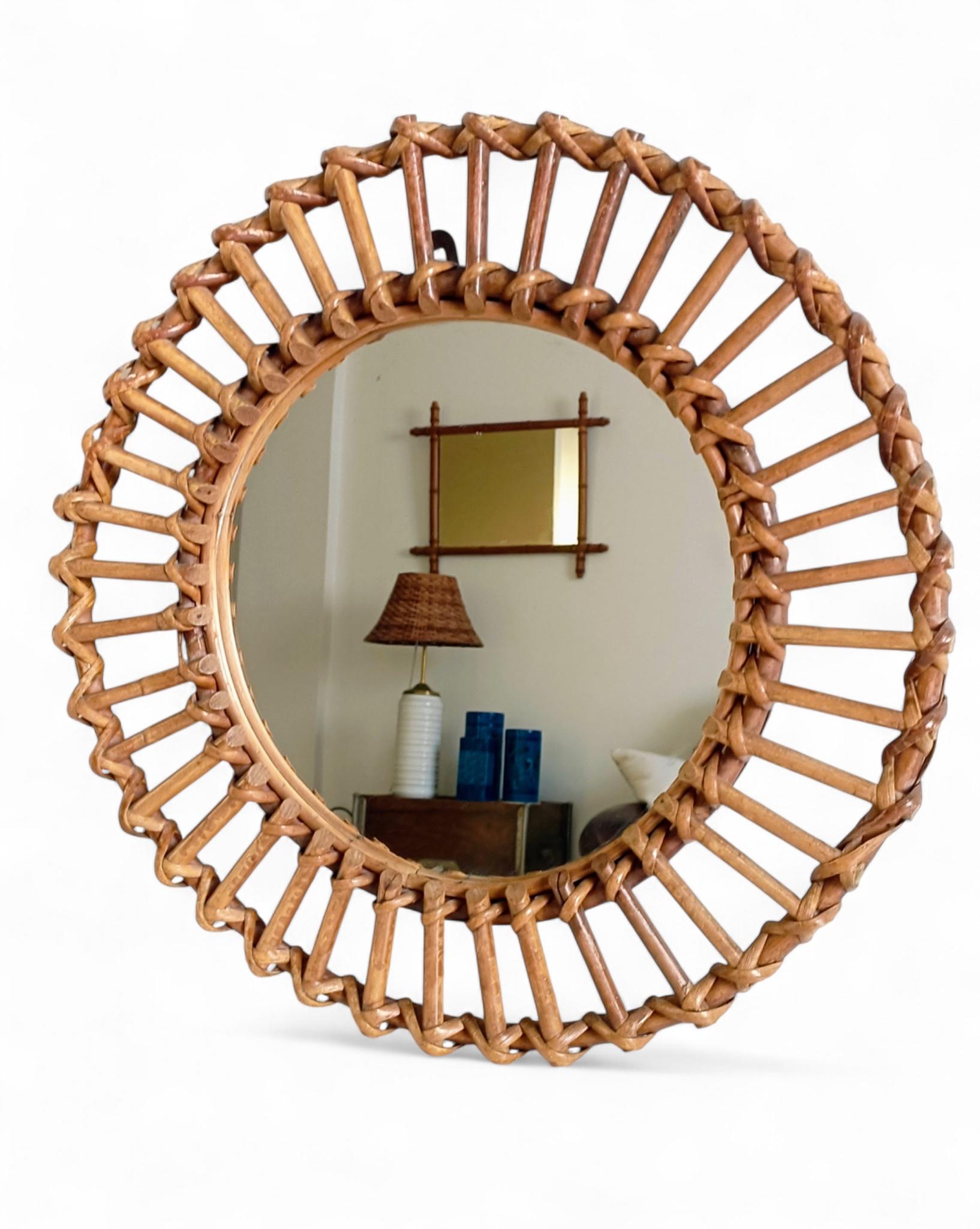 Miroir mural rond en bambou et rotin, style Franco Albini, du milieu du siècle dernier en vente 6