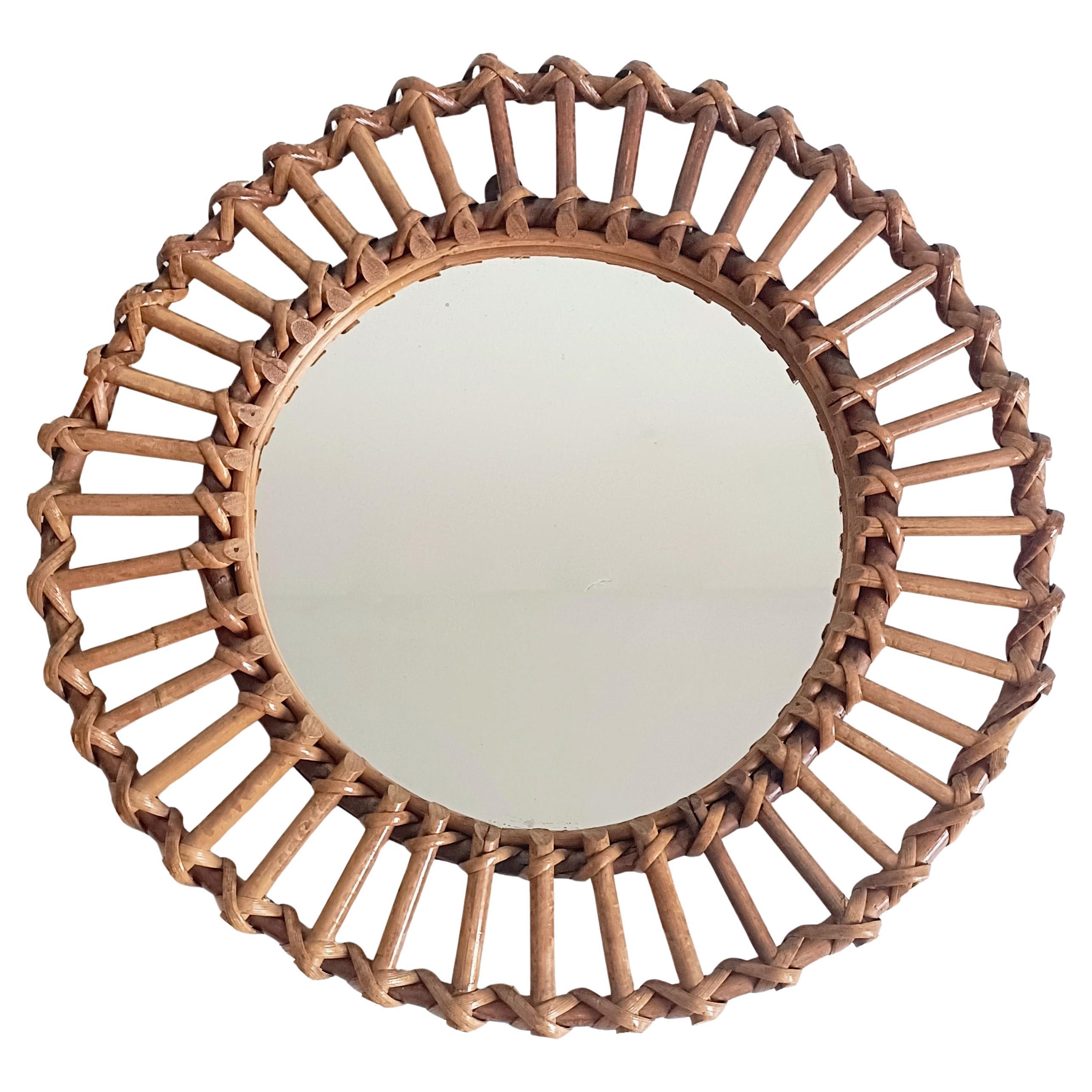 Mid Century French Bamboo & Rattan Round Wall Mirror, Franco Albini Style