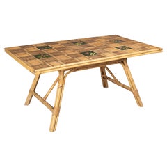 Mid-Century French Bamboo & Rattan Tile Top Dining Table