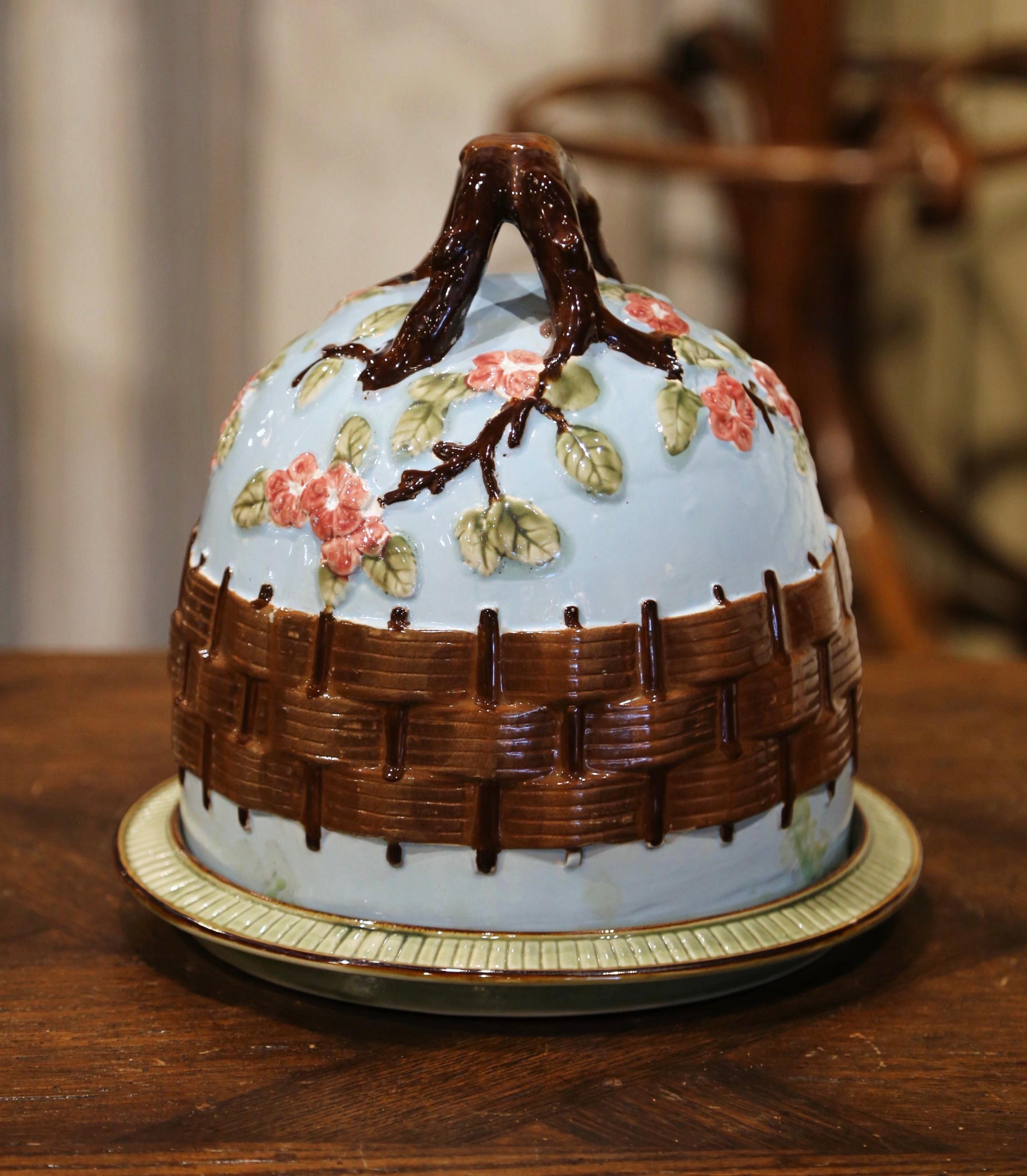 Hand-Crafted Mid-Century French Barbotine Faience Two-Piece Cheese Dome with Matching Tray