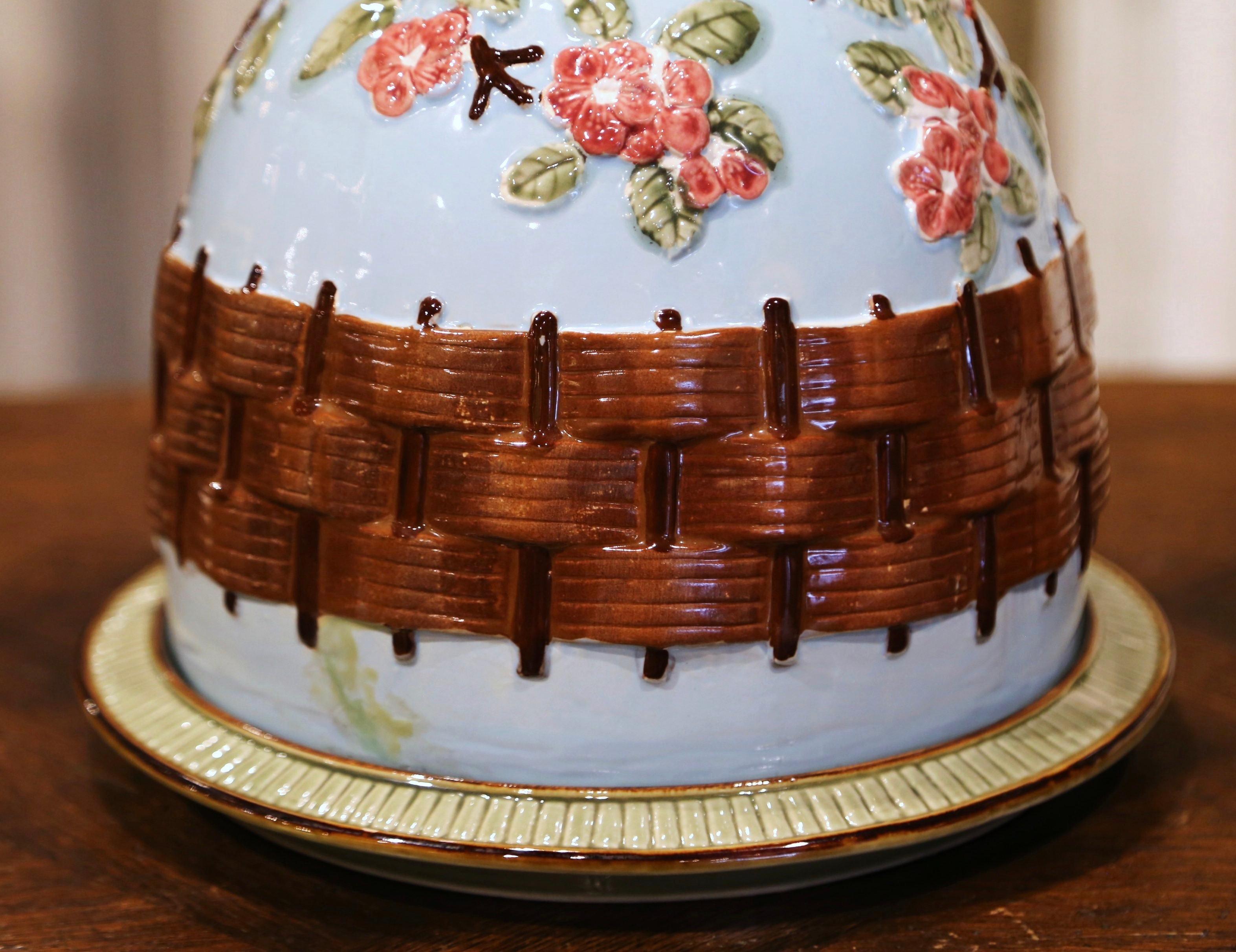 Mid-Century French Barbotine Faience Two-Piece Cheese Dome with Matching Tray 2