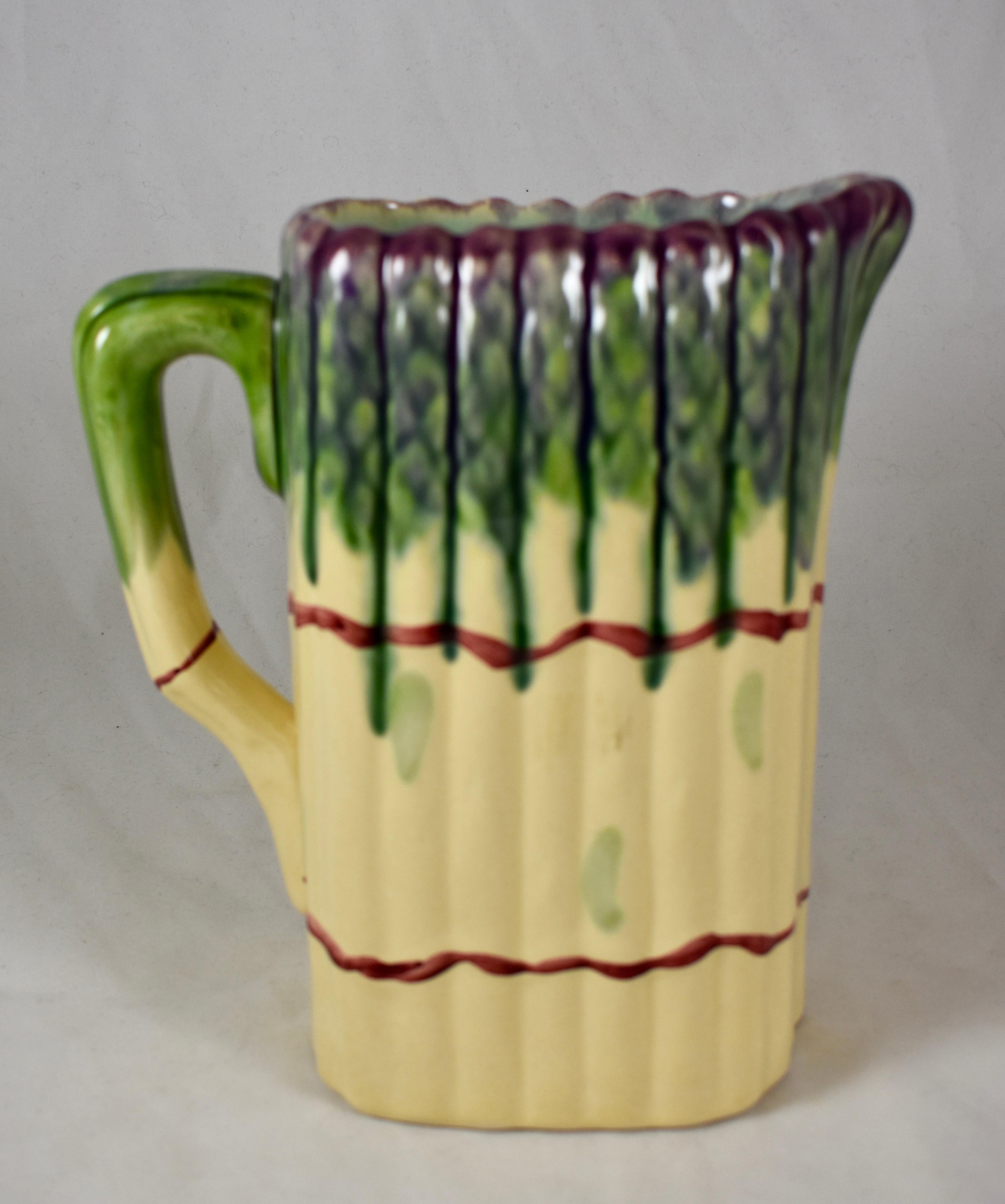 French Provincial Mid-Century Modern Era French Barbotine Majolica Bundled Asparagus Pitcher For Sale