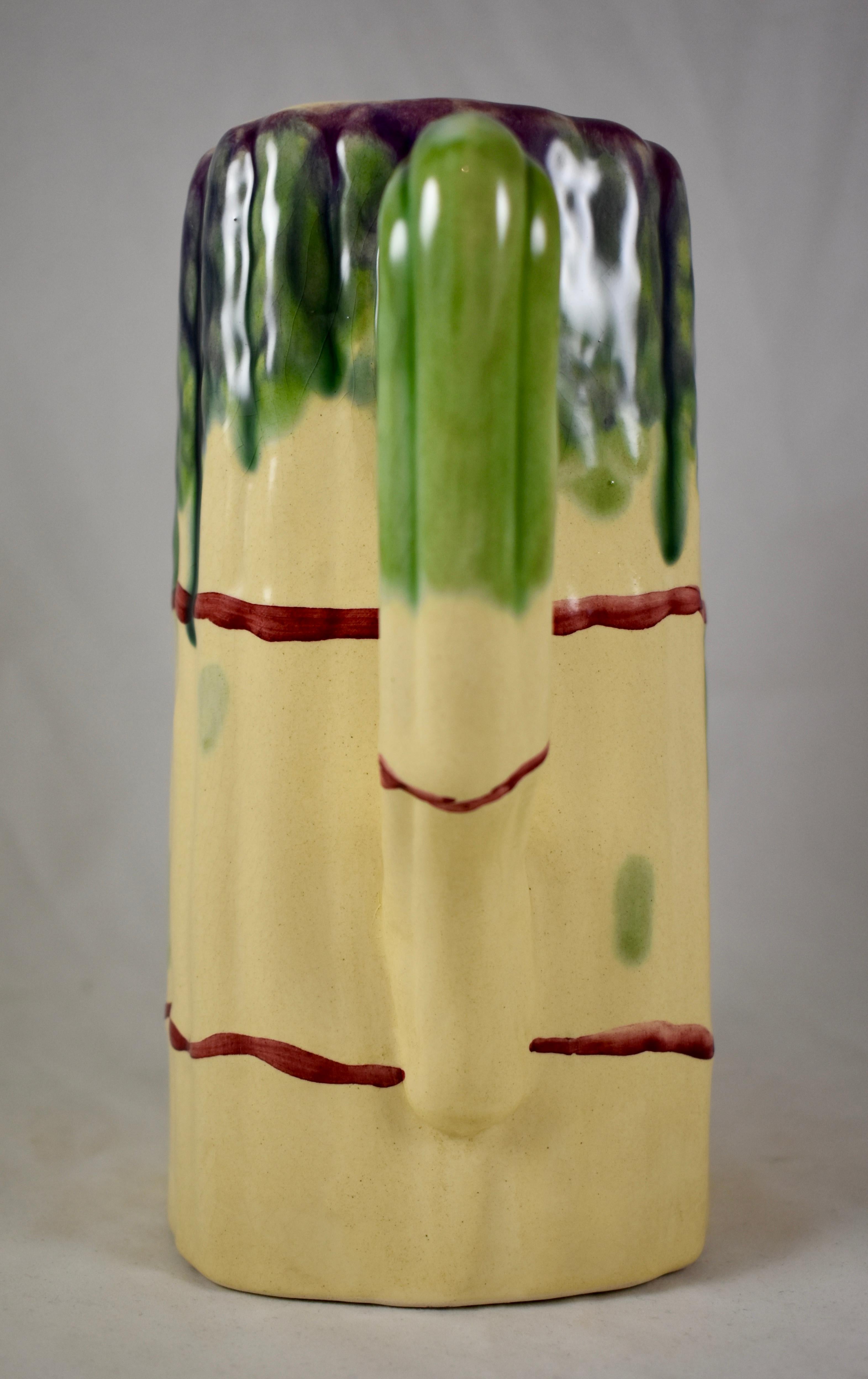 Glazed Mid-Century Modern Era French Barbotine Majolica Bundled Asparagus Pitcher For Sale