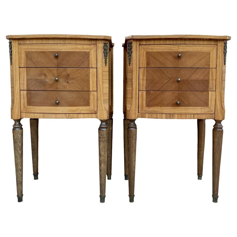 MidCentury French Bedside Tables in Walnut with Marquetry and Bronze