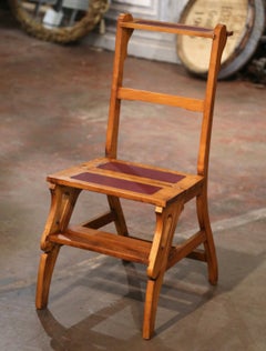 Mid-Century French Beech and Leather Metamorphic Folding Library Step Ladder
