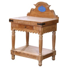 Mid-Century French Beech Butcher’s Block with Marble Top and Agricultural Plaque