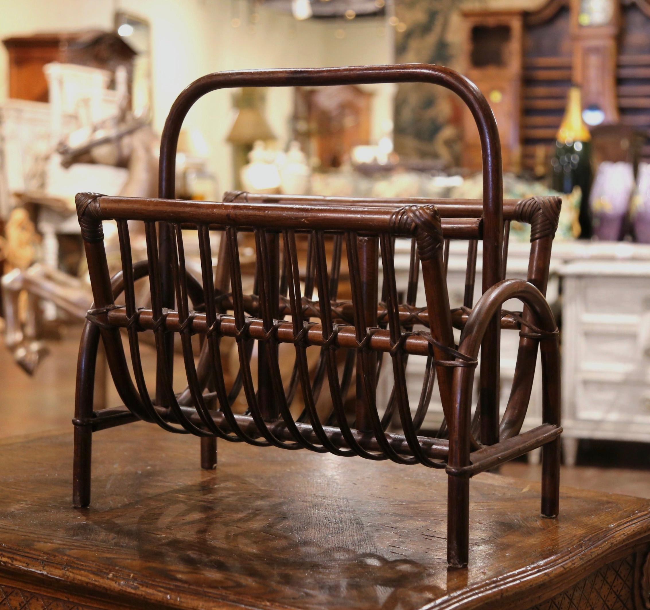 Mid-Century French Bendwood Bamboo and Palm Rattan Magazine Rack For Sale 4