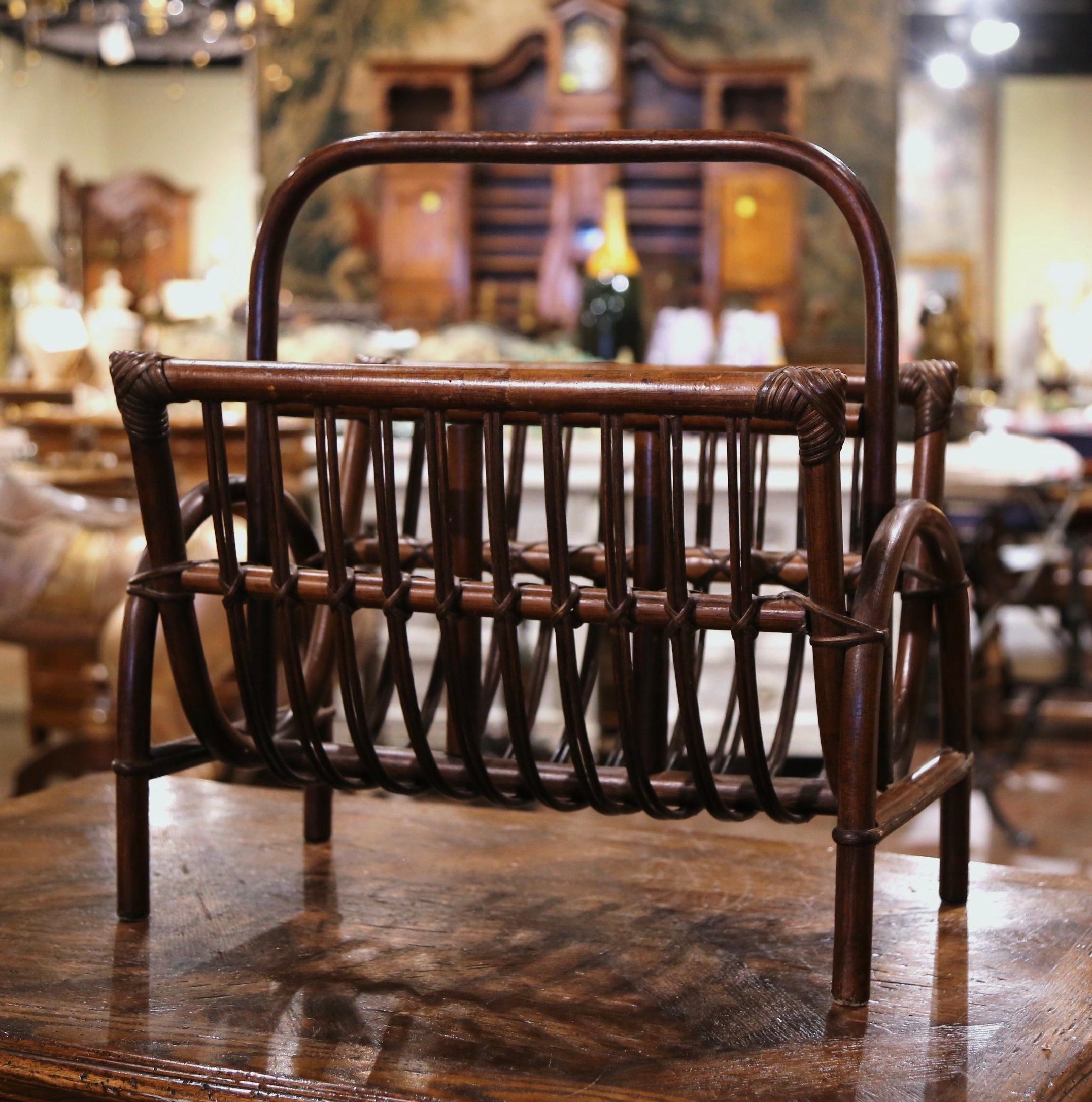 Mid-Century French Bendwood Bamboo and Palm Rattan Magazine Rack In Excellent Condition For Sale In Dallas, TX