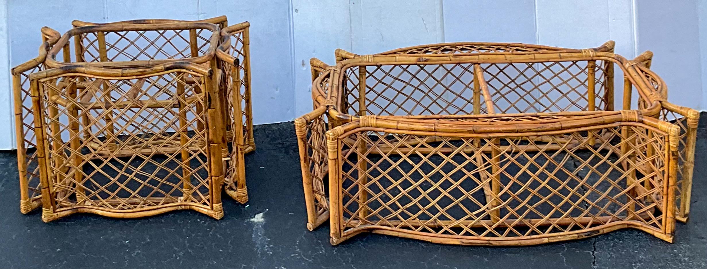 This is a set of French bent bamboo coffee table and matching end table. They date to the 60s and are in very good condition. Glass will be provided. The smaller end table measures 31.24”L x 25.5”W x22.25”H.