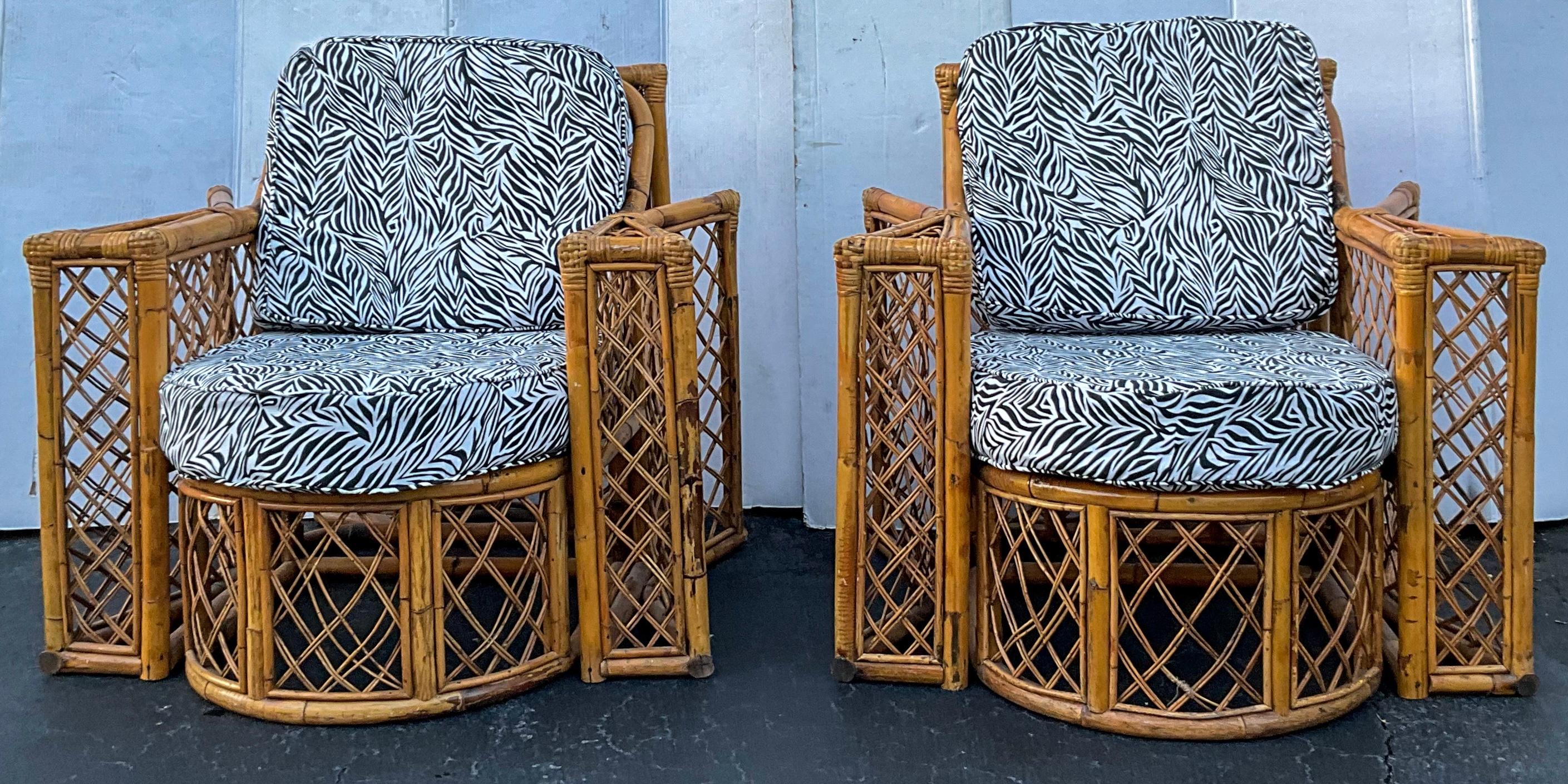 Organic Modern Mid-Century French Bent Bamboo Patio / Garden Club Chairs And Ottoman -