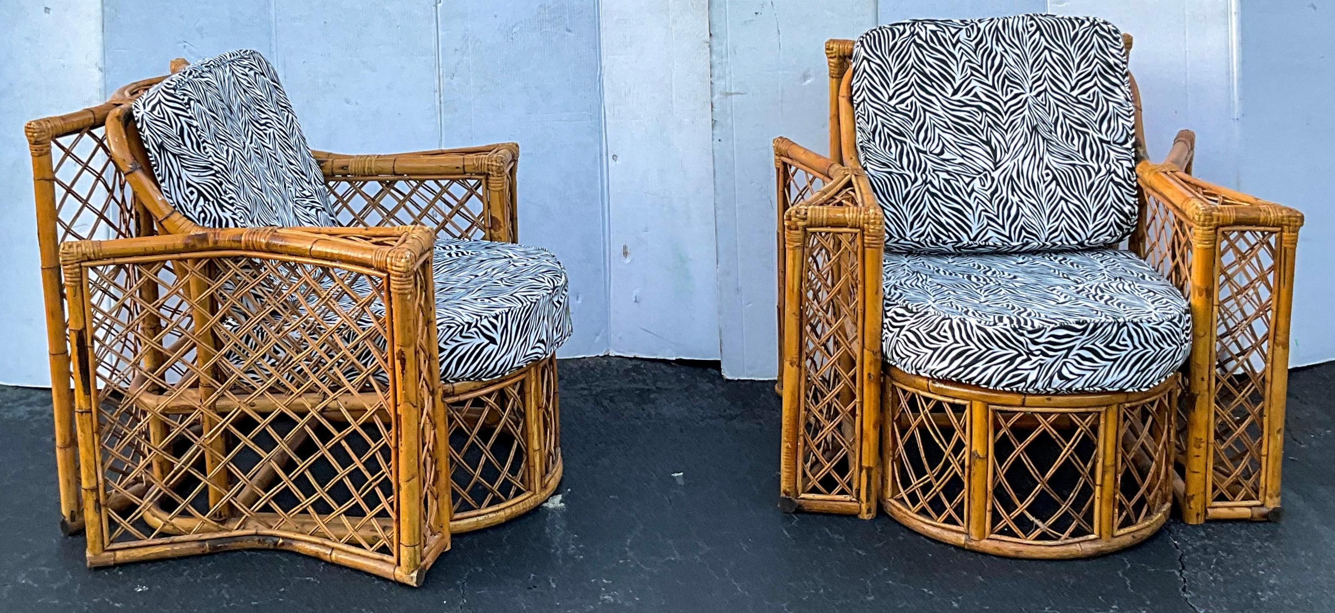 Mid-Century French Bent Bamboo Patio / Garden Club Chairs And Ottoman -  For Sale 1