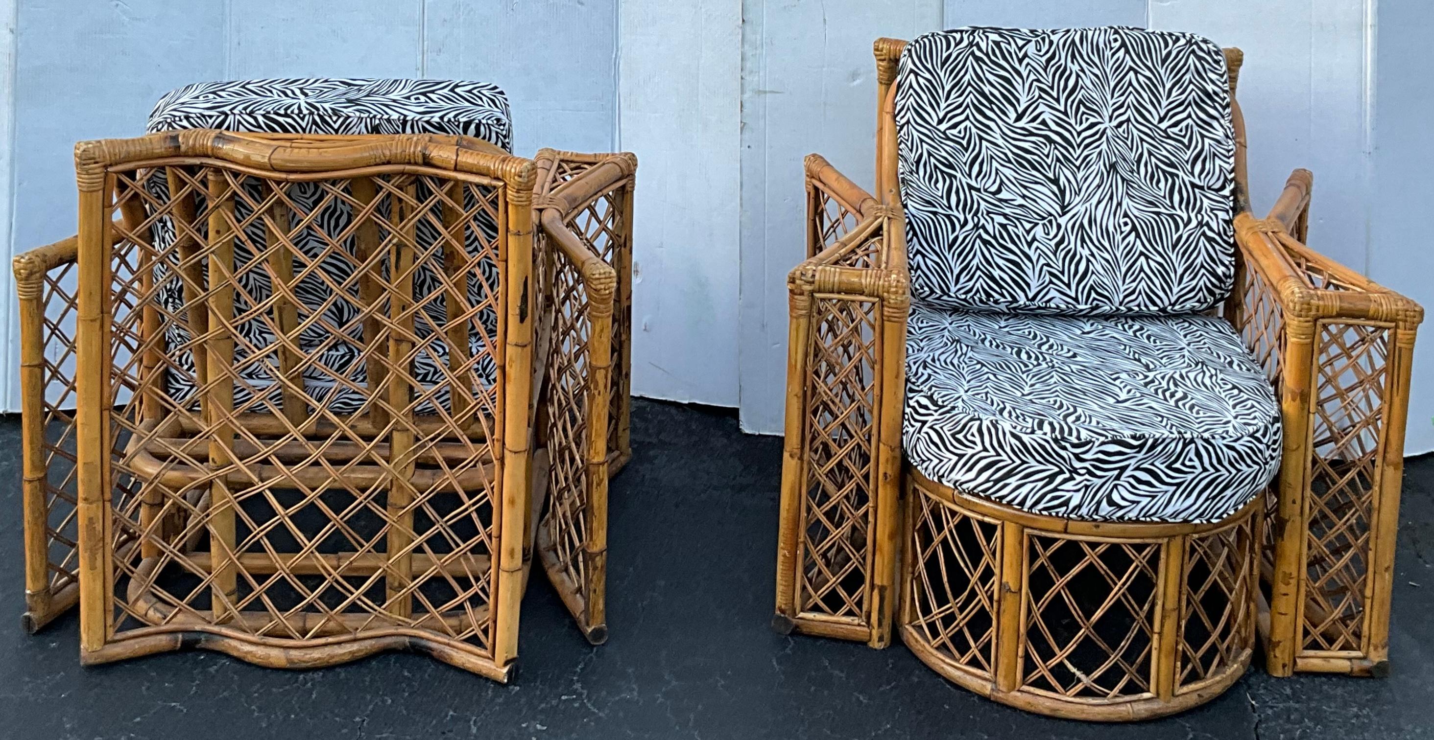 Fauteuils club et pouf français du milieu du siècle dernier en bambou courbé pour patio et jardin  en vente 1