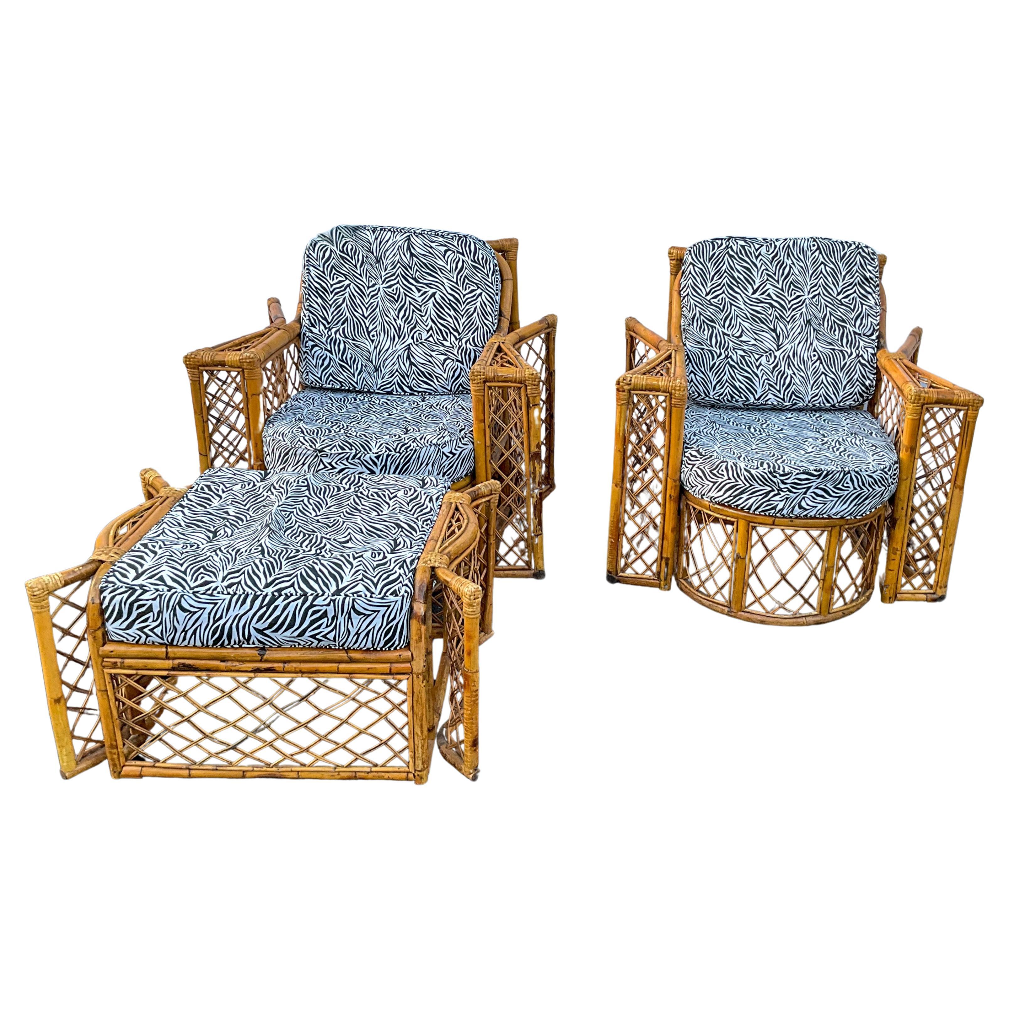 Mid-Century French Bent Bamboo Patio / Garden Club Chairs And Ottoman - 