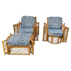 Mid-Century French Bent Bamboo Patio / Garden Club Chairs And Ottoman - 