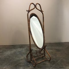 Midcentury French Bentwood and Rattan Floor Mirror