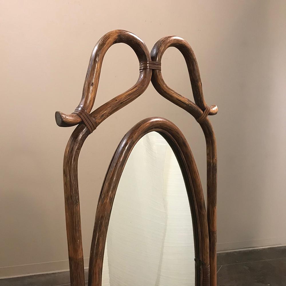 20th Century Midcentury French Bentwood and Rattan Floor Mirror For Sale