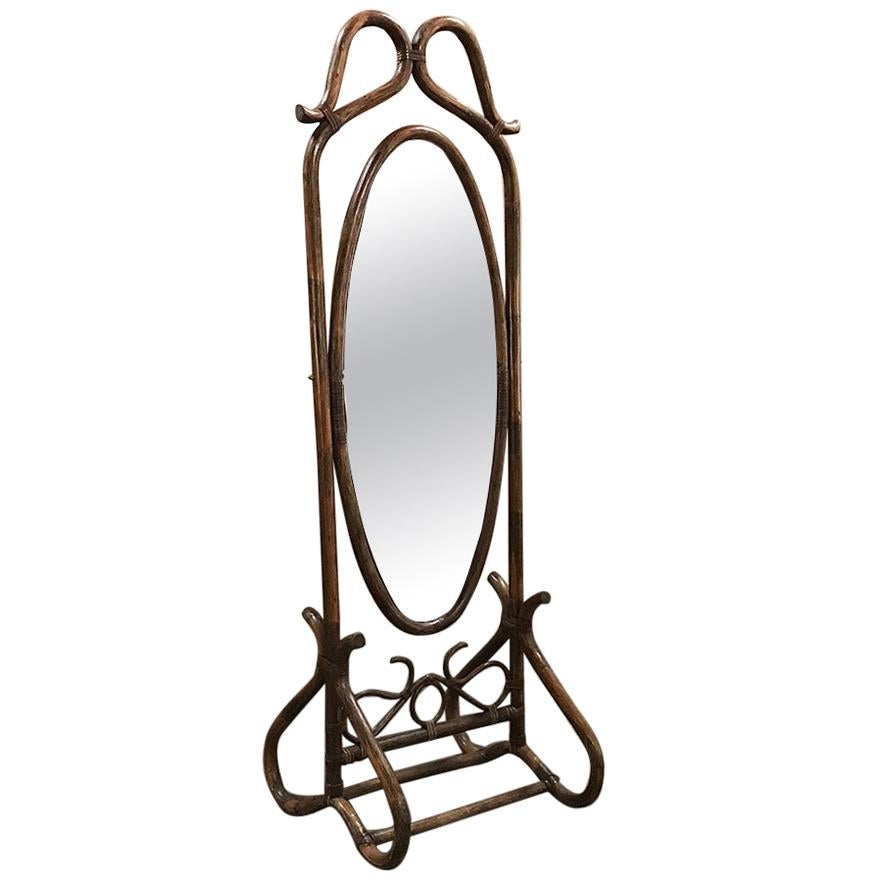 Miroir de sol en bentwood et rotin de style français du milieu du siècle dernier